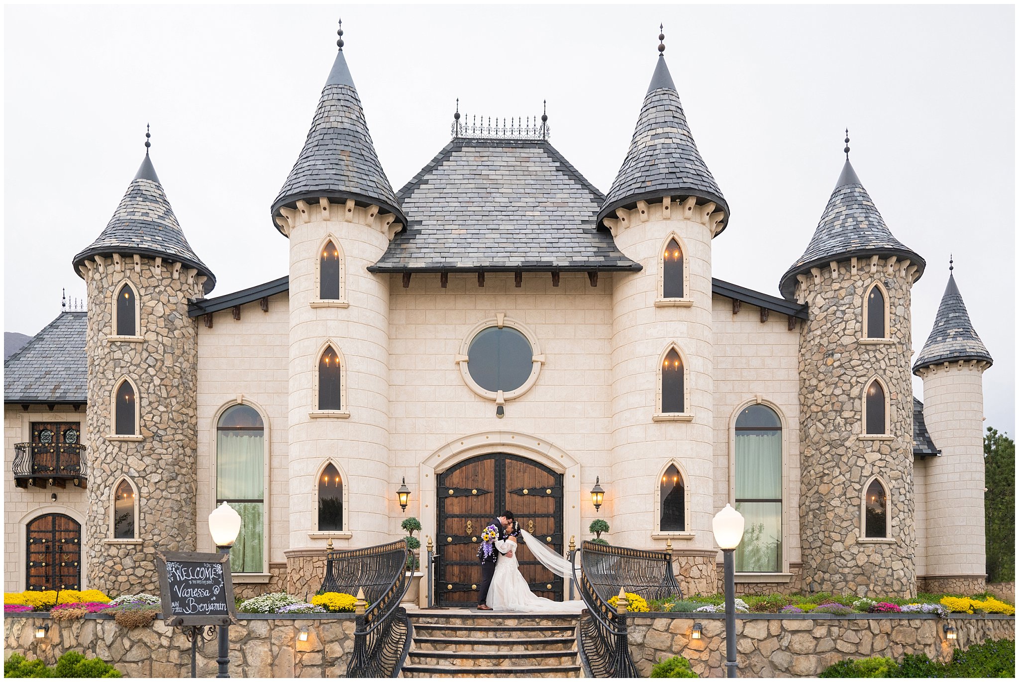 Bride and groom portraits during golden hour outside castle | Wadley Farms Spring Castle Wedding