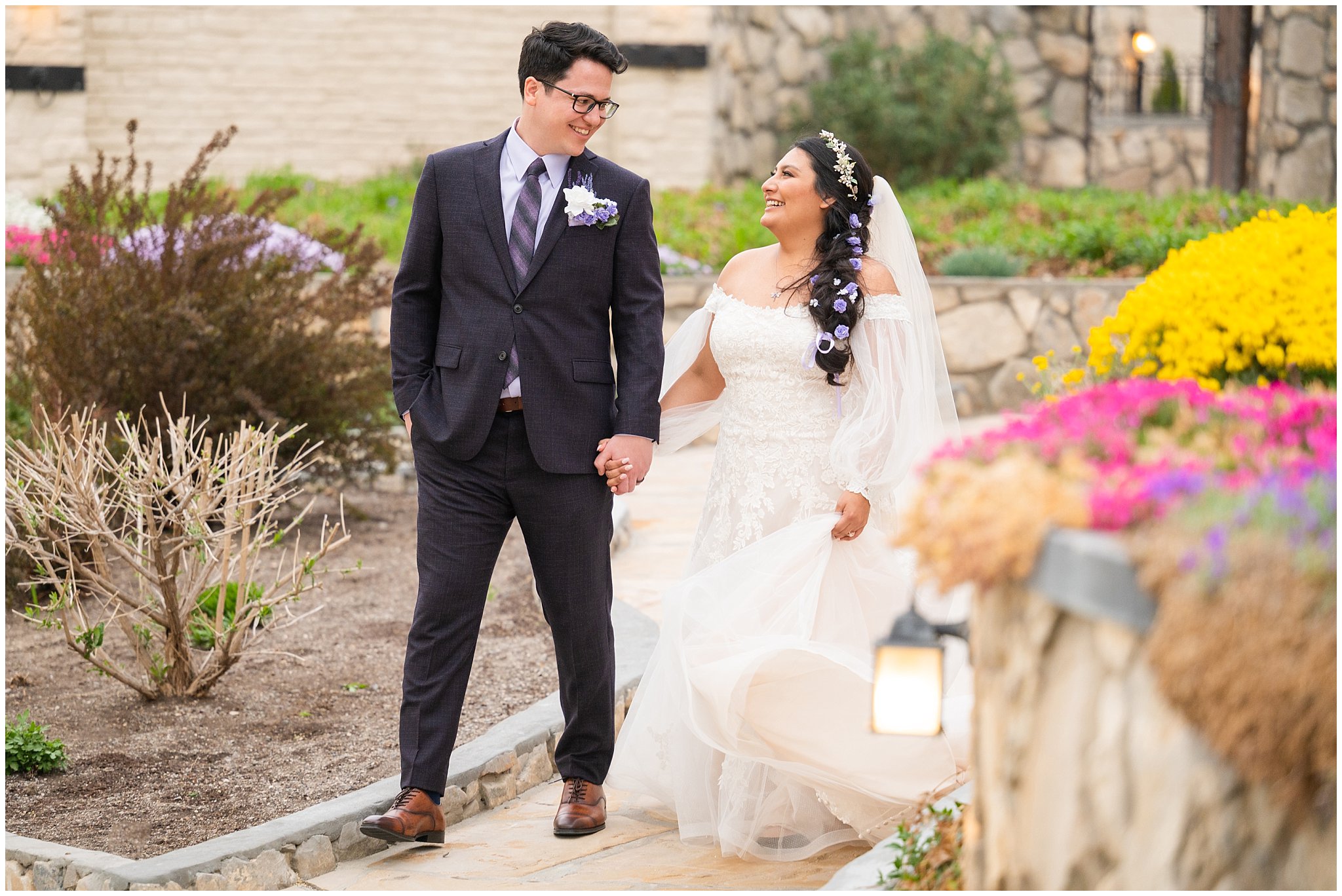 Bride and groom portraits during golden hour outside castle | Wadley Farms Spring Castle Wedding