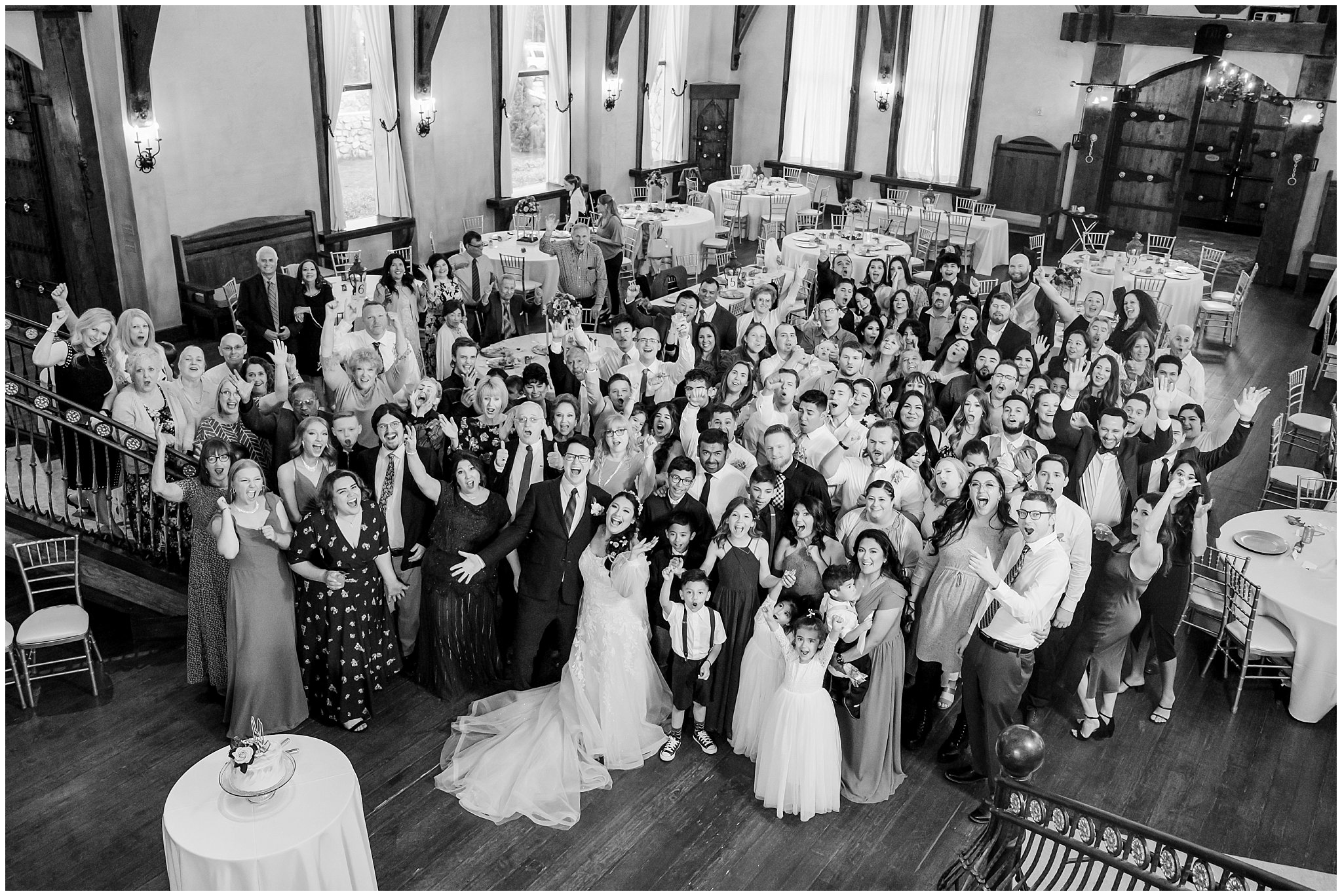 Giant group photo during reception inside castle | Wadley Farms Spring Castle Wedding