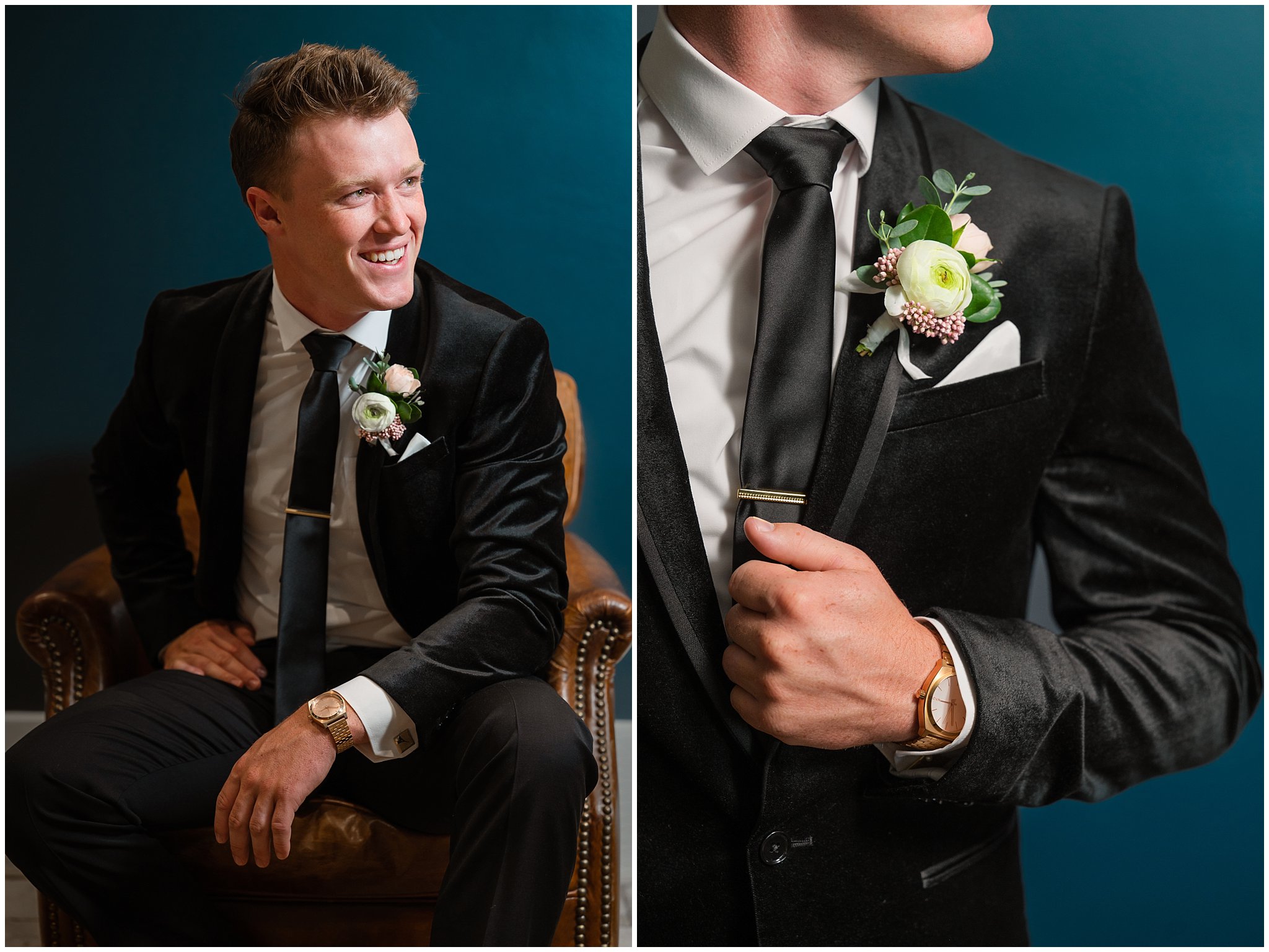 Groom in a black velvet suit portraits and wedding day details at Walker Farms