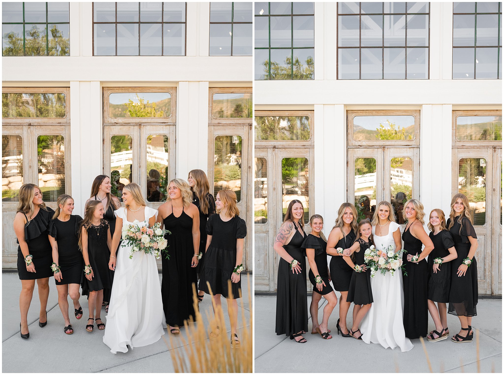 Wedding party portraits wearing black and white