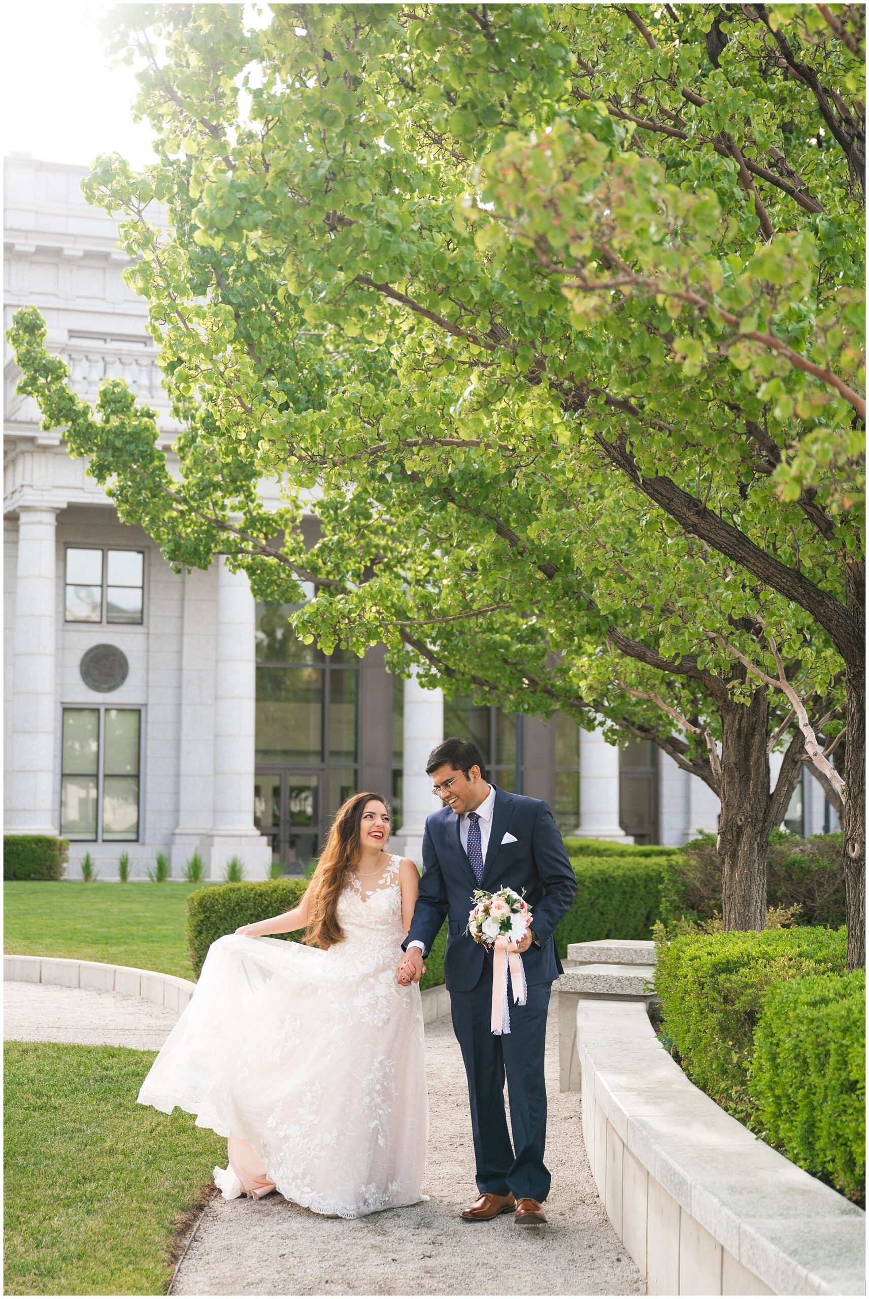 Couple at the Utah State Capitol in the summer | Moroccan-inspired Utah State Capitol sunset wedding formal session