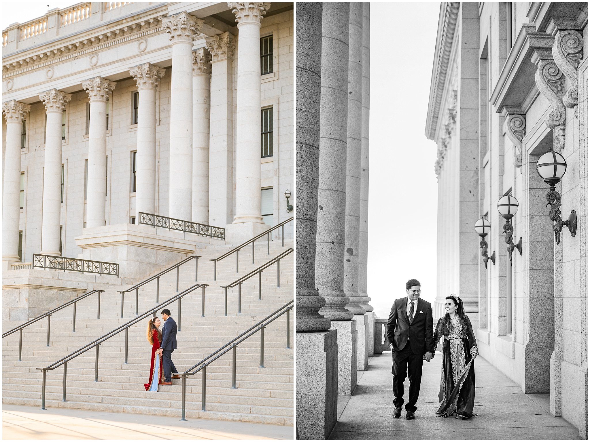 Couple at the Utah State Capitol in the summer | Moroccan-inspired Utah State Capitol sunset wedding formal session