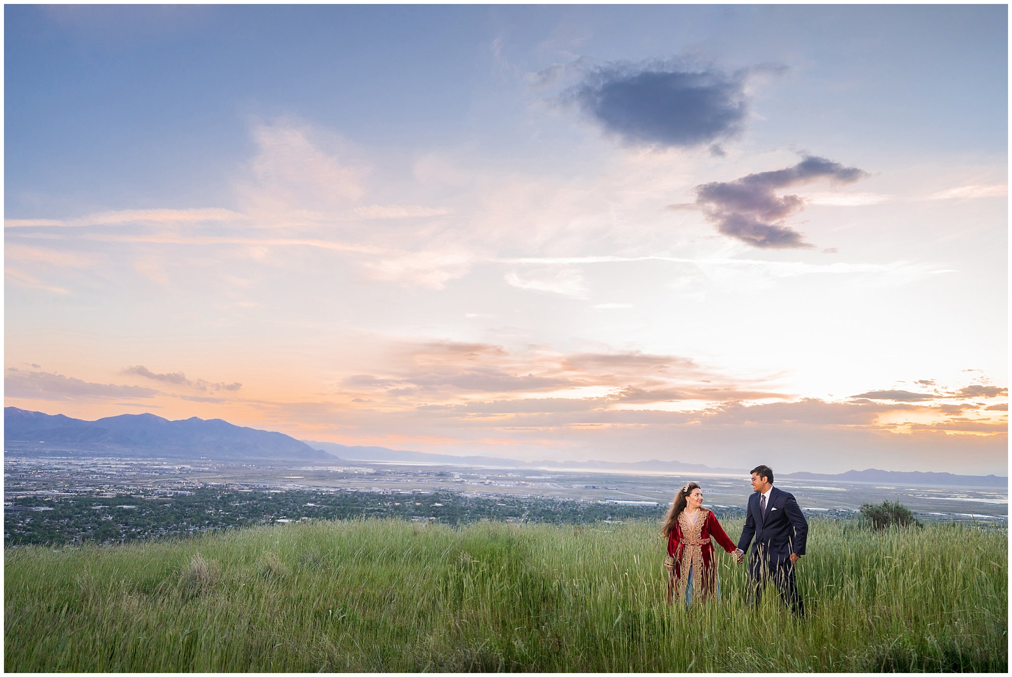 Couple in the mountains at sunset in Utah | Moroccan-inspired Utah State Capitol sunset wedding formal session