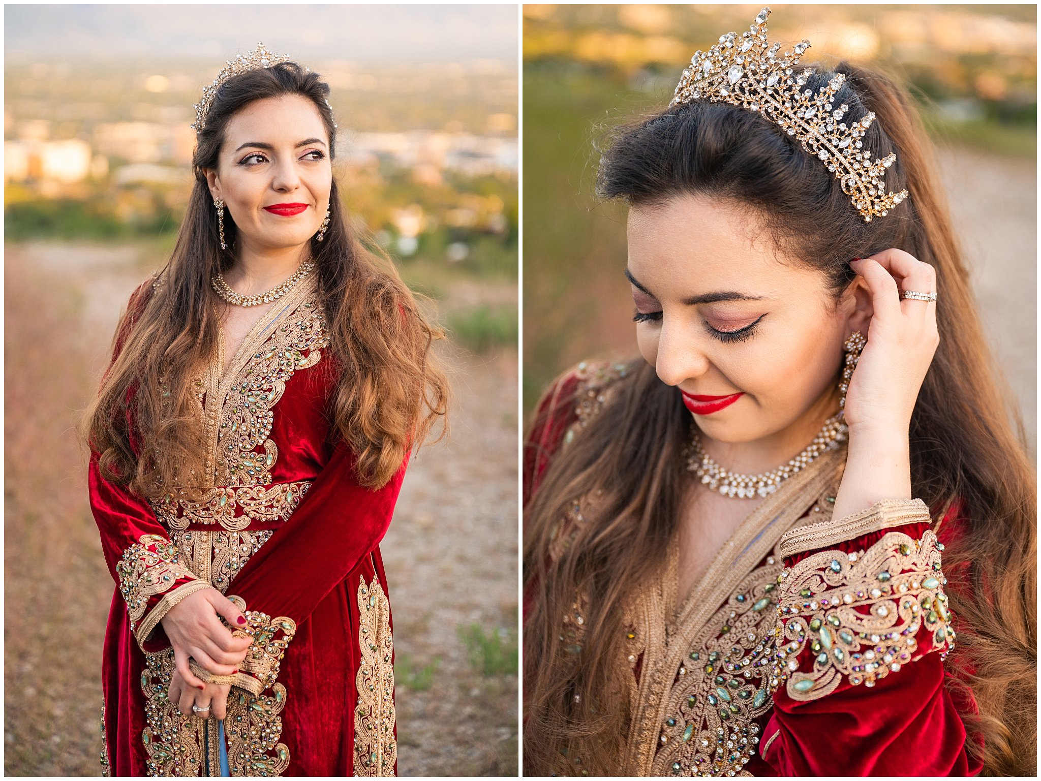 Moroccan bride in the mountains at sunset in Utah overlooking Salt Lake City | Moroccan-inspired Utah State Capitol sunset wedding formal session