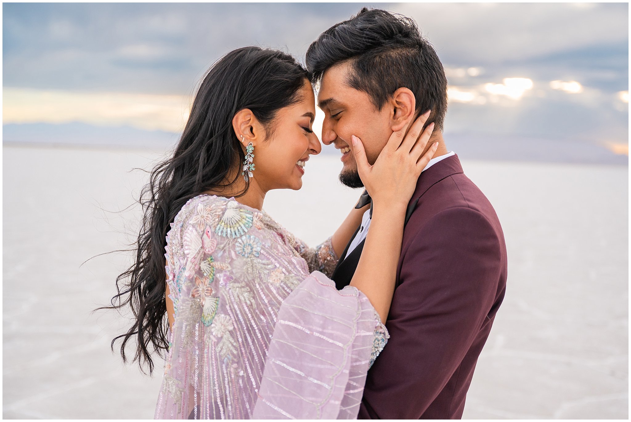Couple together during their Indian wedding session at the Bonneville Salt Flats