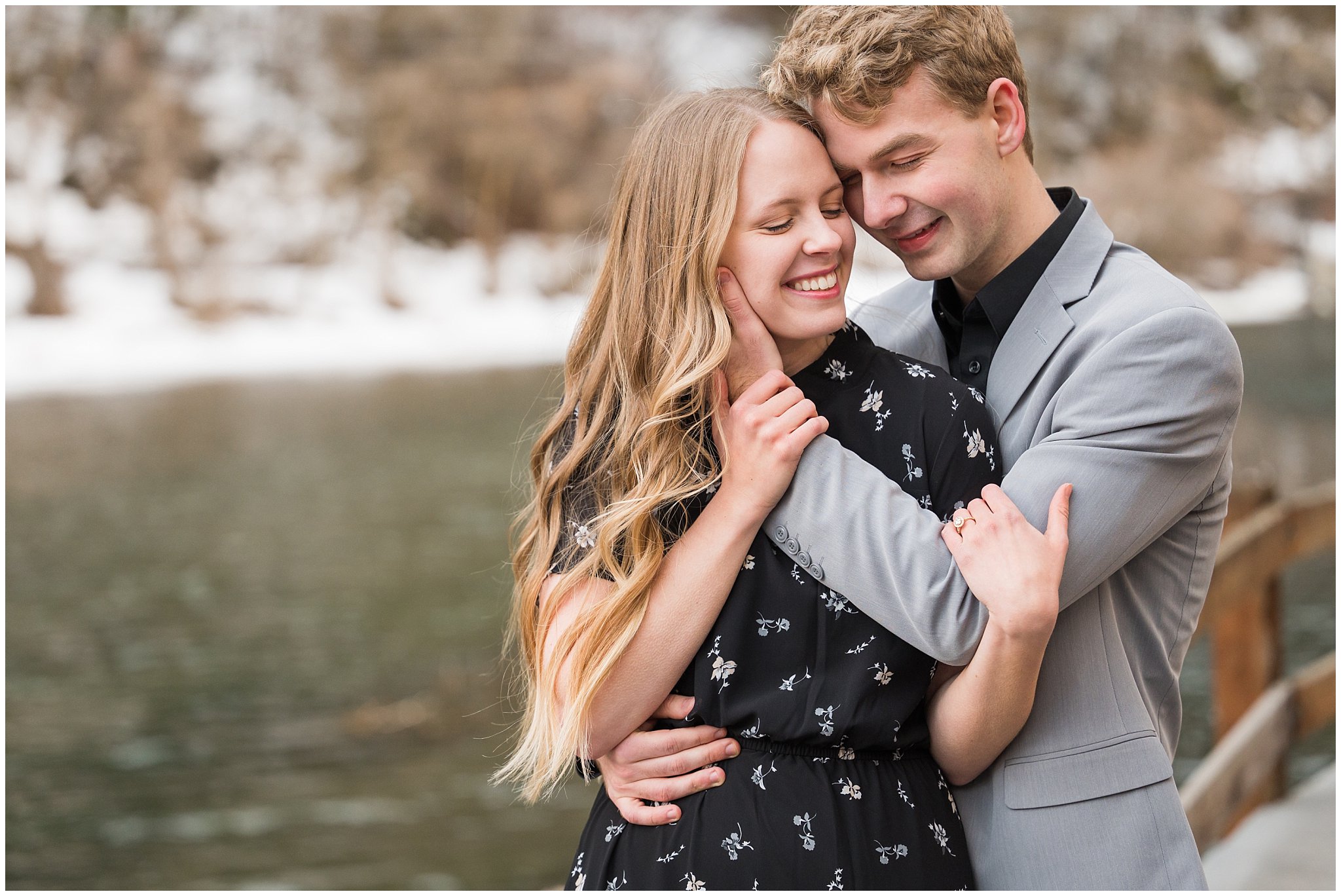 Couple taking fun and candid engagement photos at Second Dam in Logan Canyon in Logan, Utah | Cache Valley and Utah State University Engagement Session | Jessie and Dallin Photography