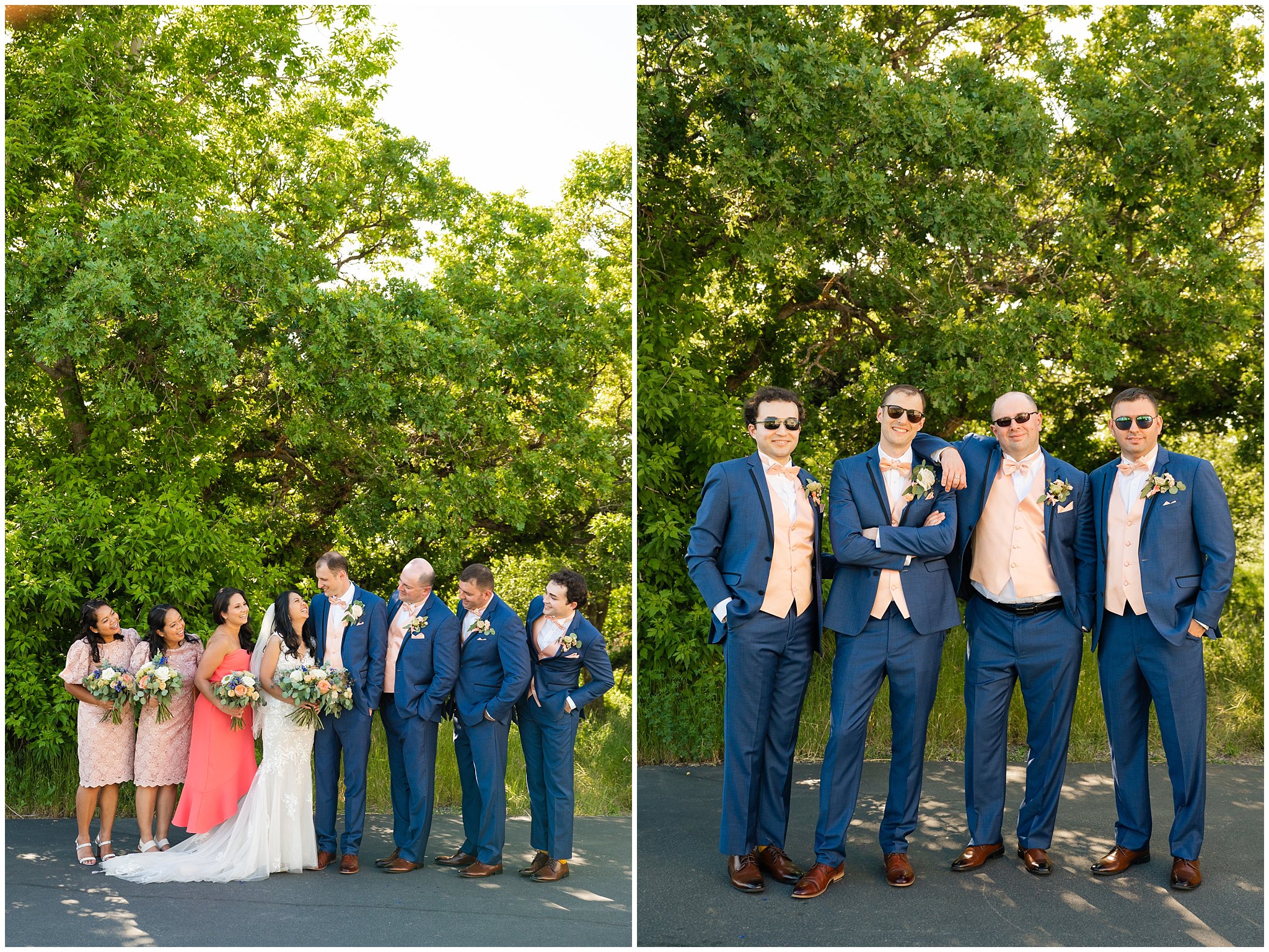 Wedding party of bridesmaids and groomsmen in blue, coral, and pink | Oak Hills Utah Destination Wedding | Jessie and Dallin Photography