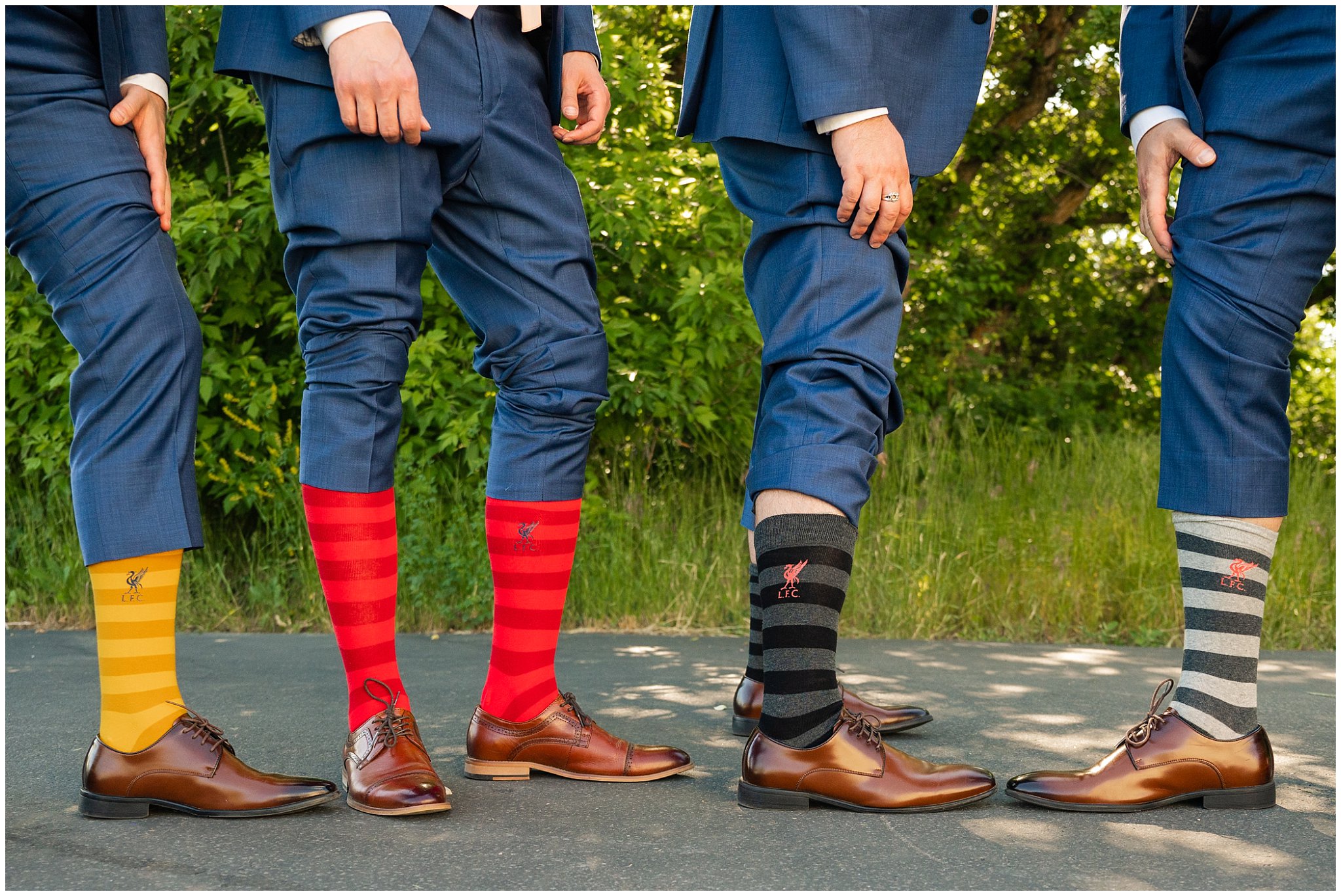 Groomsmen showing off their European soccer club socks | Oak Hills Utah Destination Wedding | Jessie and Dallin Photography