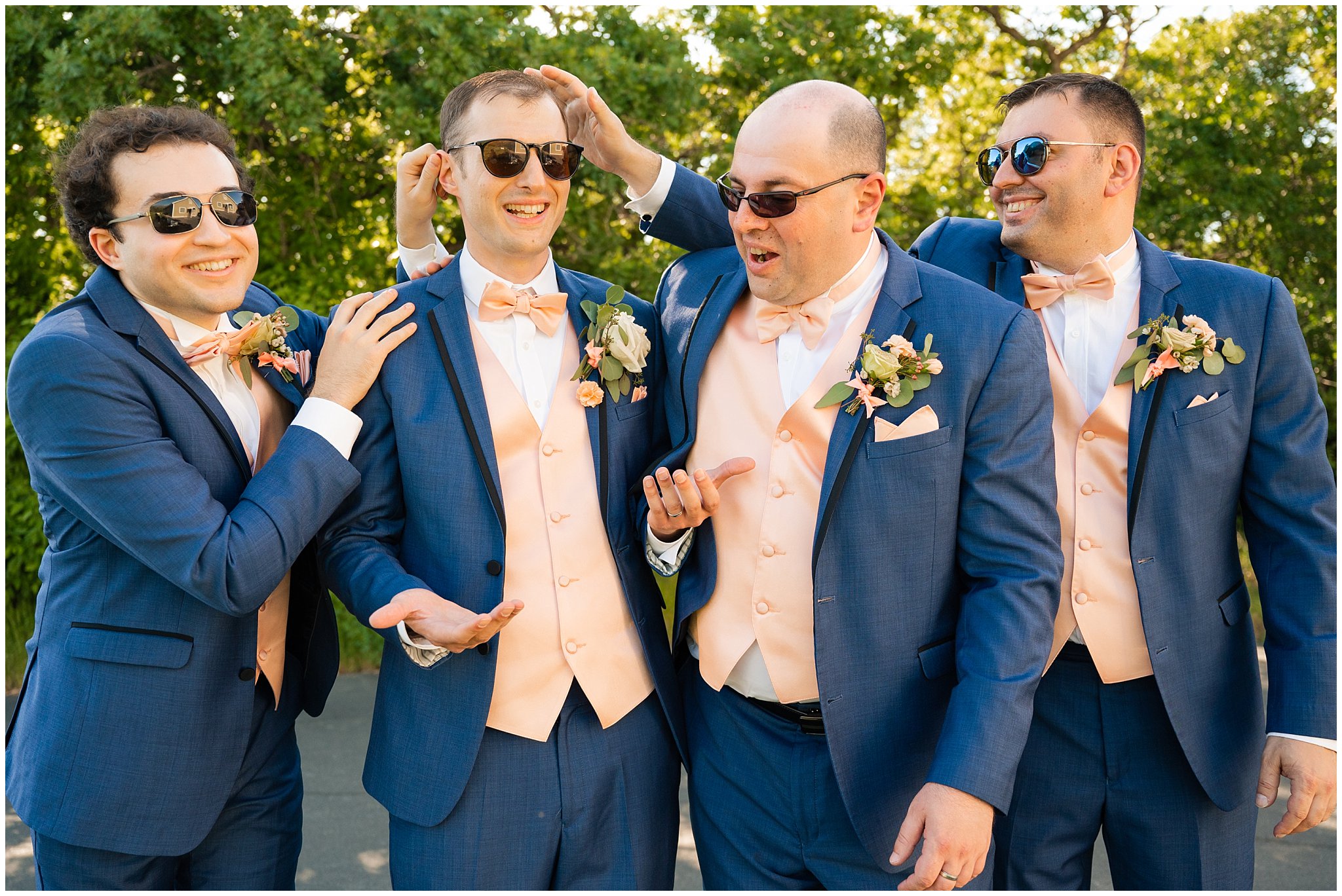 Wedding party of bridesmaids and groomsmen in blue, coral, and pink | Oak Hills Utah Destination Wedding | Jessie and Dallin Photography