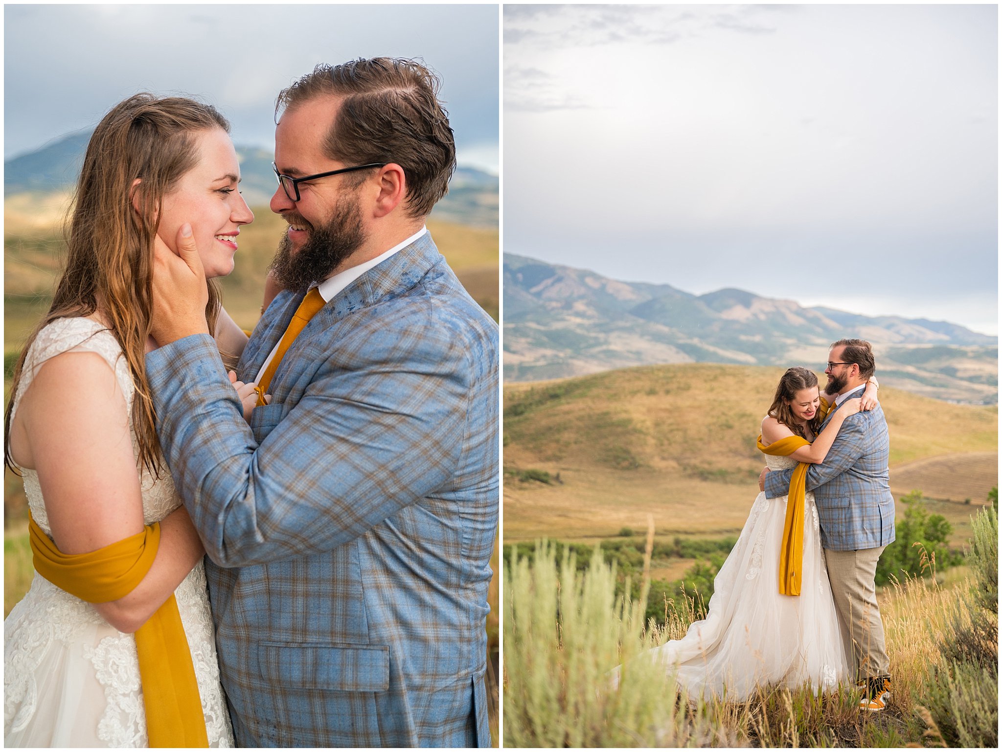 Bride and groom in flowy wedding dress and blue and gold plaid suit in the mountains surrounded by sunset skies, rainbows, and Aspen trees | Rainy Snowbasin Wedding Formal Session | Jessie and Dallin Photography