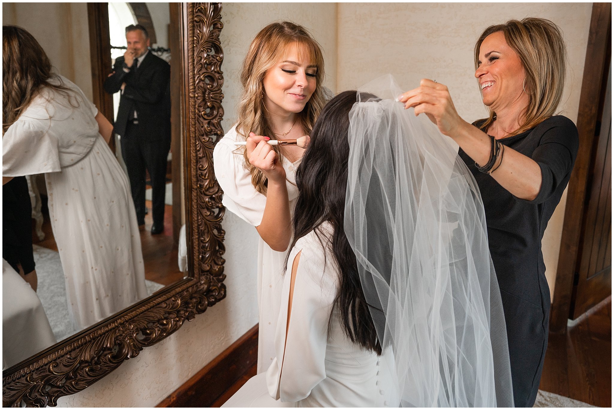 Mom, sister, and daughter getting ready before wedding | Draper Temple and Wadley Farms Summer Castle Wedding | Jessie and Dallin Photography