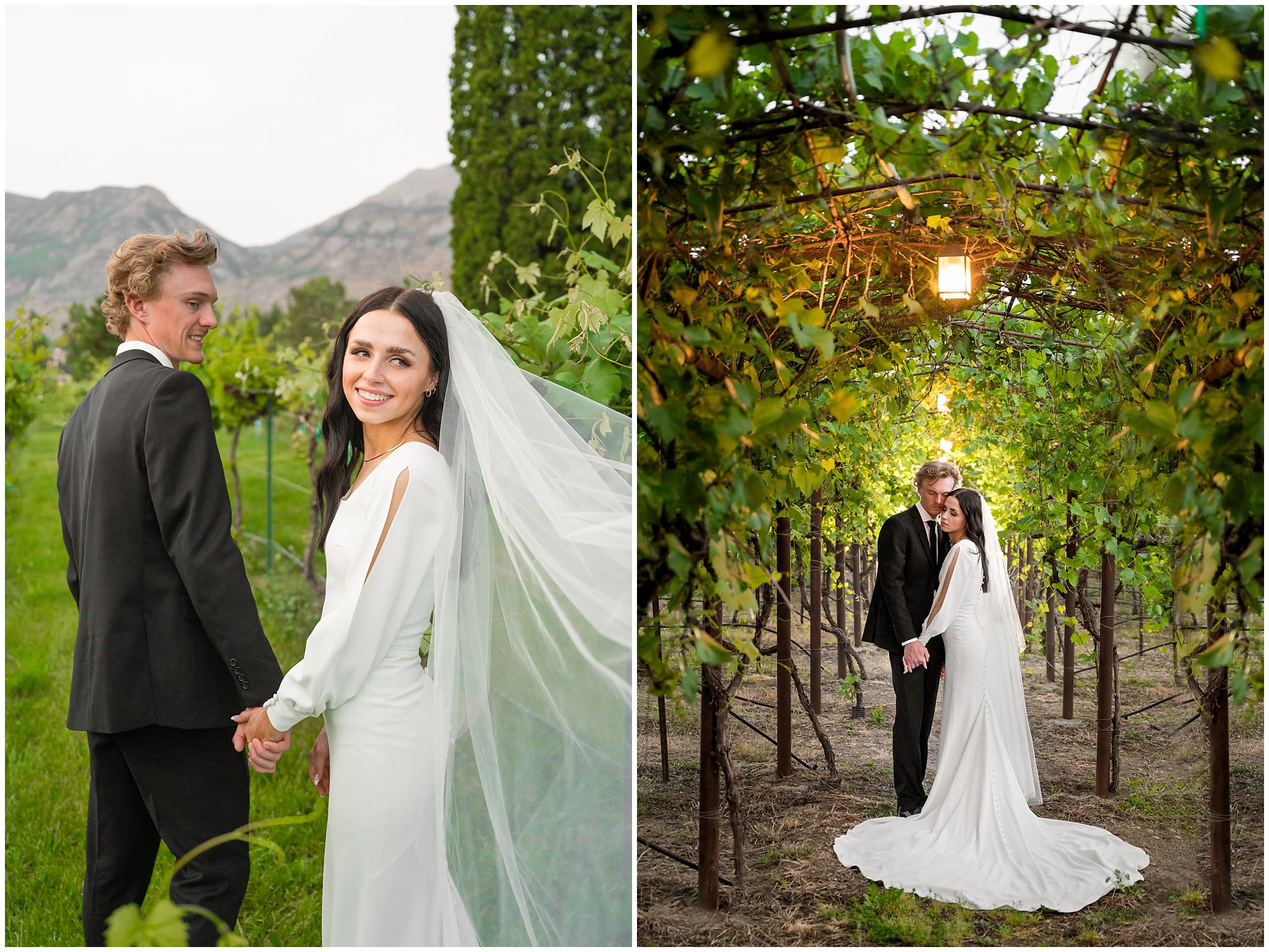 Bride and groom portraits in a vineyard outside of castle wedding venue with black and white and pink wedding colors | Draper Temple and Wadley Farms Summer Castle Wedding | Jessie and Dallin Photography