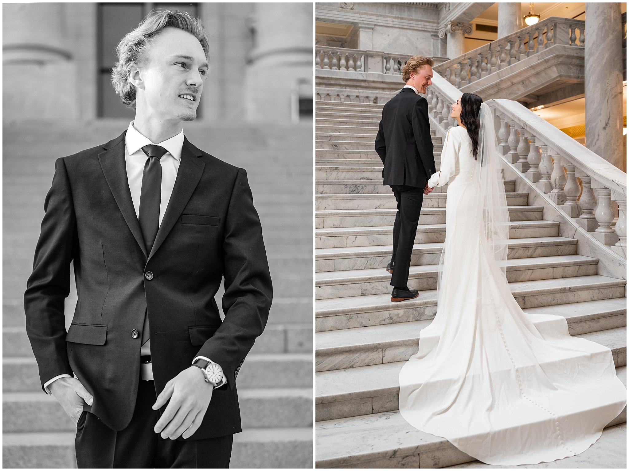 Bride and groom portraits inside the Capitol Building on the staircase | Utah State Capitol and Tunnel Springs Wedding Formal Session | Jessie and Dallin Photography