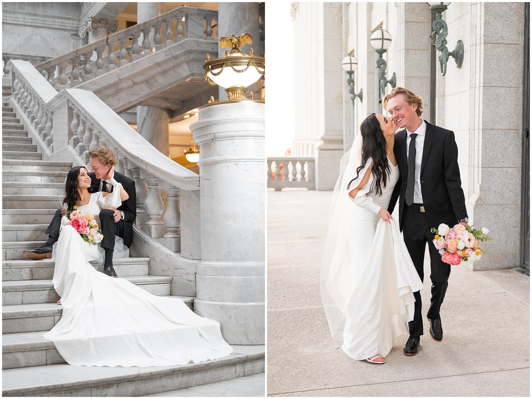 Bride and groom portraits inside the Capitol Building on the staircase | Utah State Capitol and Tunnel Springs Wedding Formal Session | Jessie and Dallin Photography