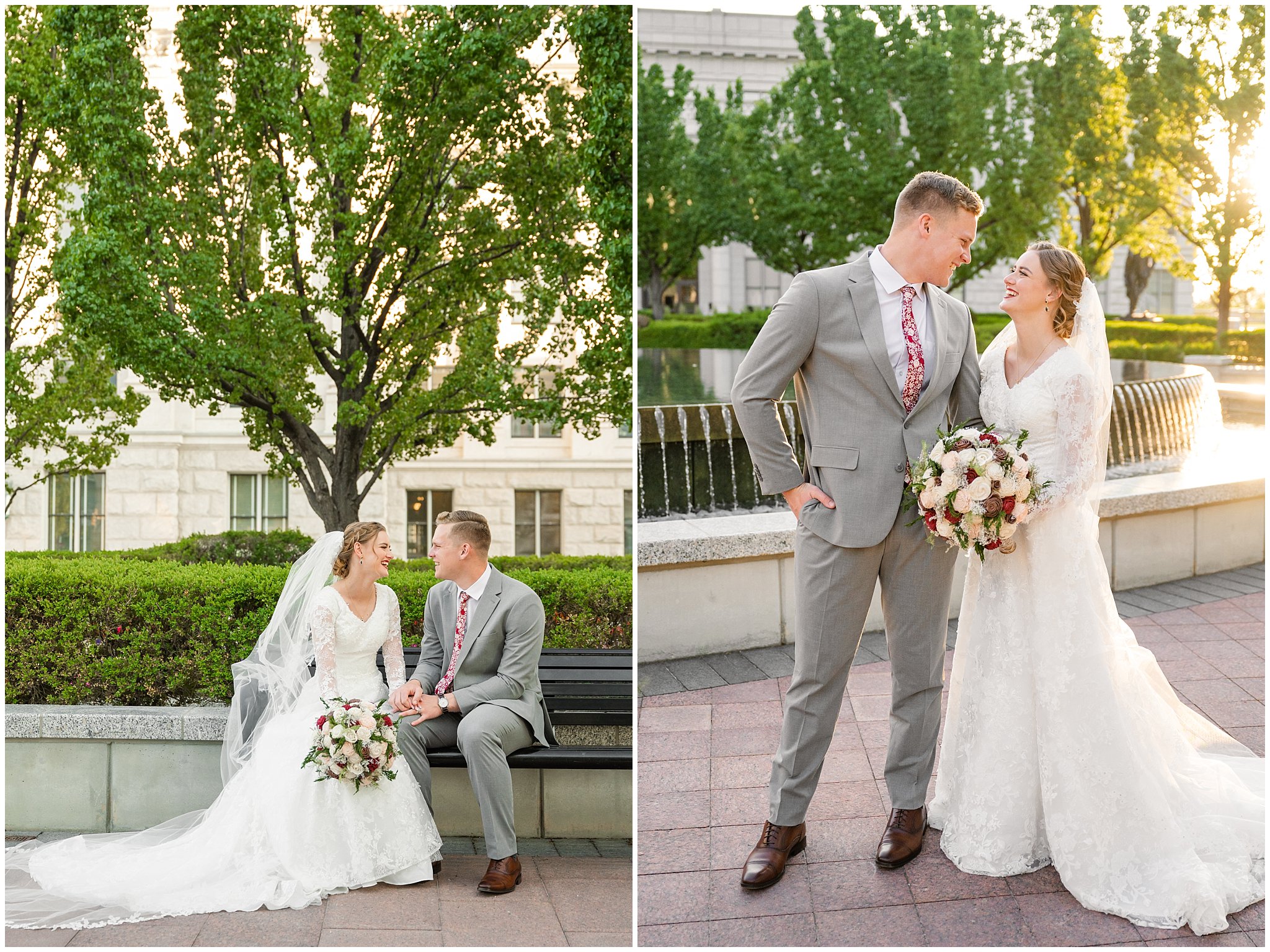 Bride and groom with long cathedral length veil sharing moments and laughter | Sunset Utah State Capitol Wedding Formal Session | Jessie and Dallin Photography