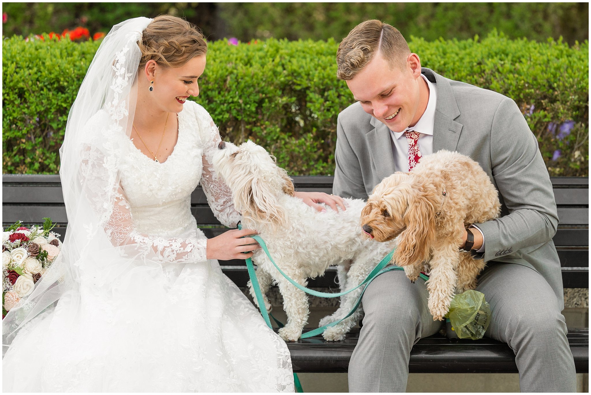 Bride and groom with long cathedral length veil sharing moments with their dogs | Sunset Utah State Capitol Wedding Formal Session | Jessie and Dallin Photography
