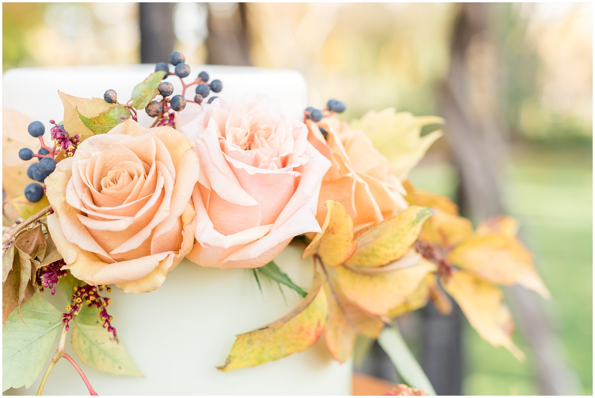 Fall wedding soft green layered wedding cake with blush roses and berries | Elegant Utah Wedding | Jessie and Dallin Photography