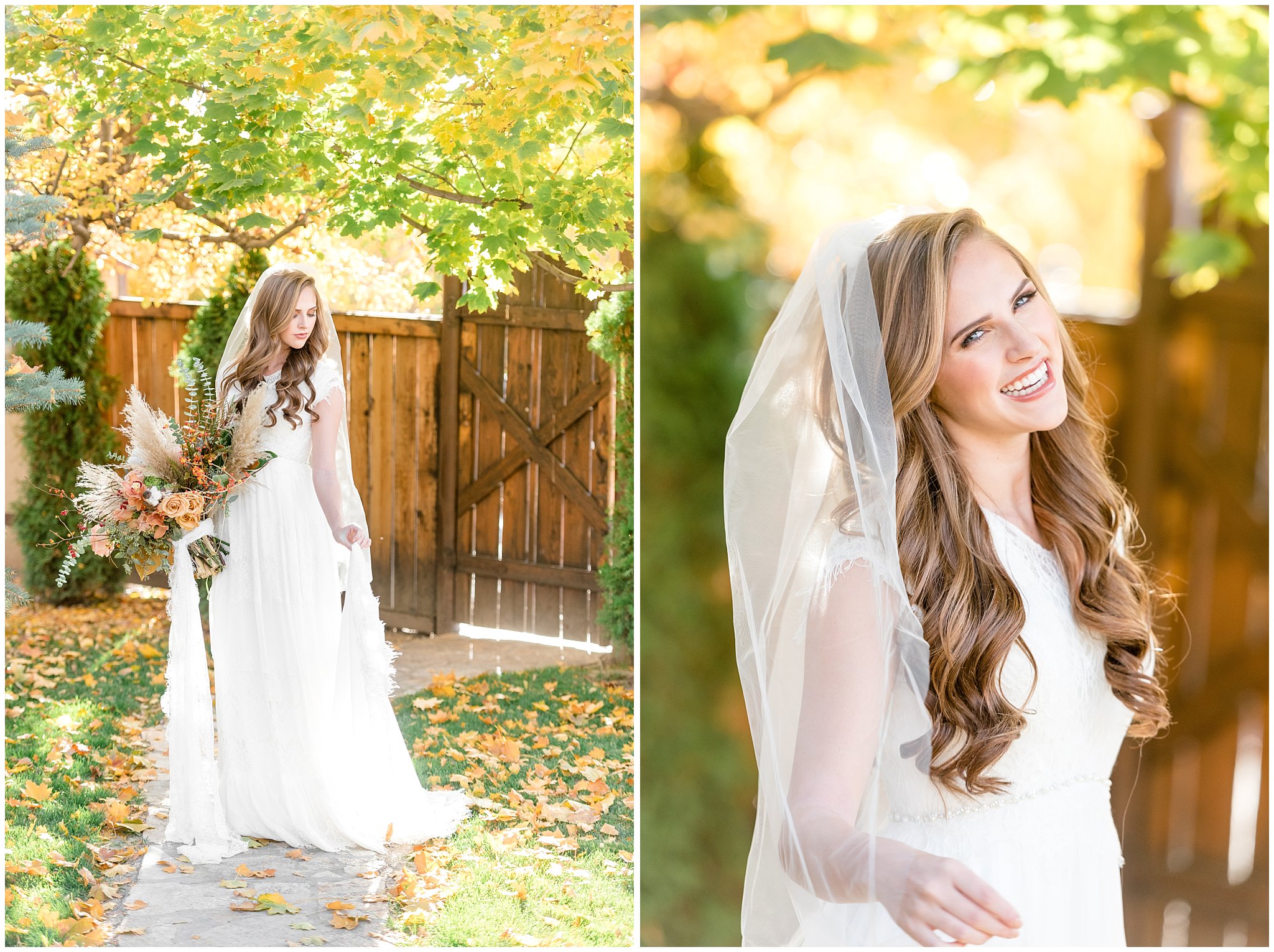 Elegant fall wedding bouquet of orange, brown, and green | lace custom wedding dress Boda Bridal | Jessie and Dallin Photography
