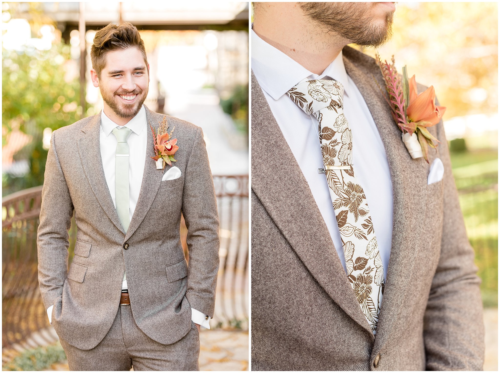 Groom in custom fit light brown suit and fall brown leaf tie | Wadley Farms Elegant Utah Wedding | Jessie and Dallin Photography