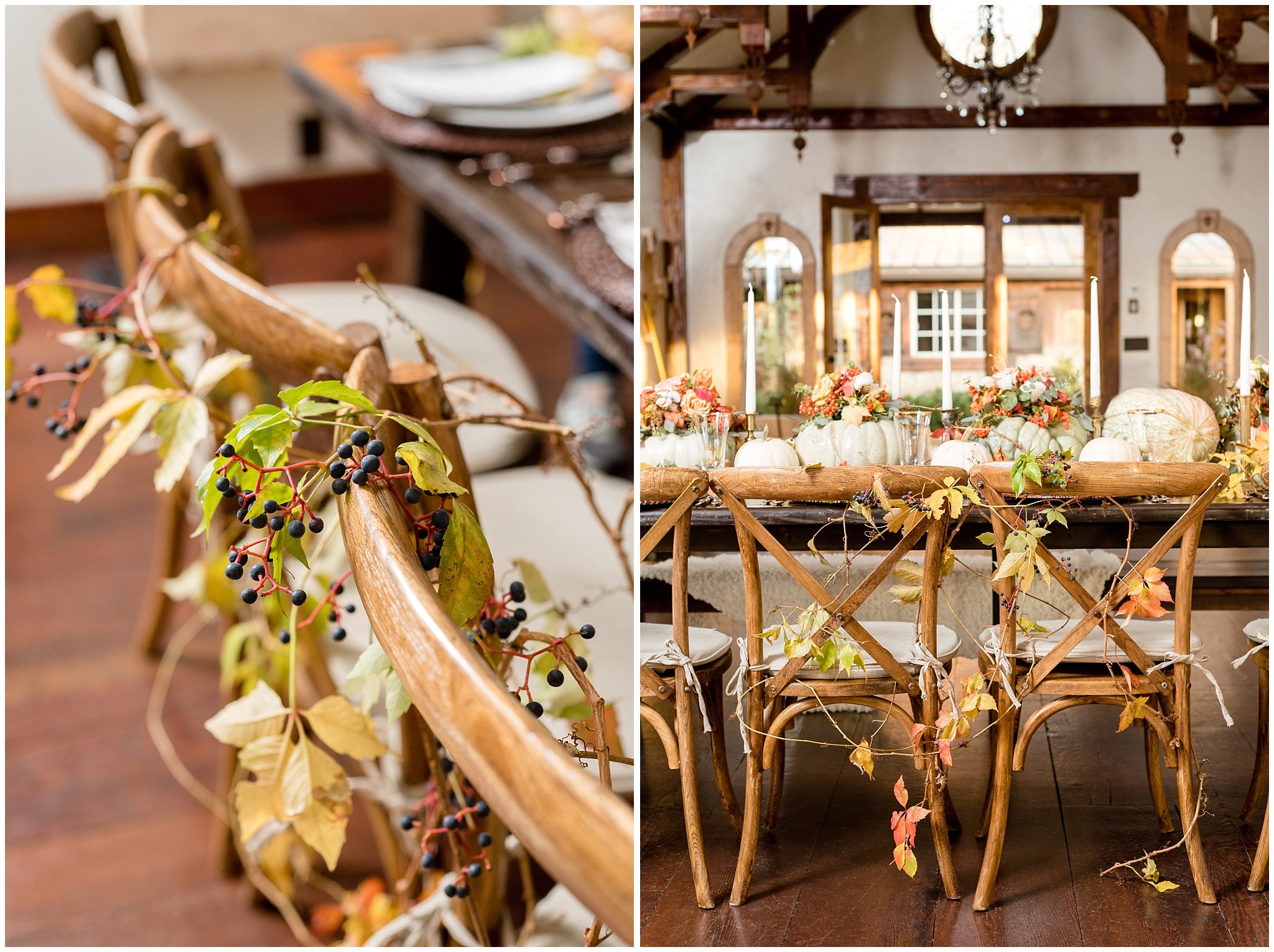 Fall leaves and berries garland decorating wedding table setting and chairs | Fall wedding inspiration | Wadley Farms Wedding Utah | Jessie and Dallin Photography