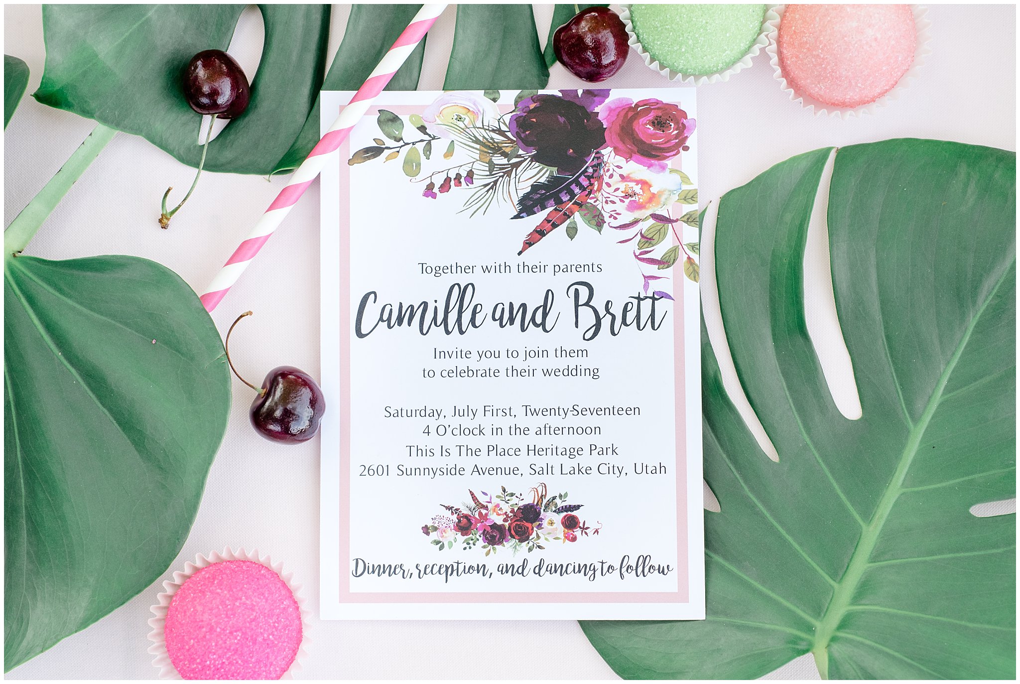 wedding invitation in pink and green | Summer wedding Utah