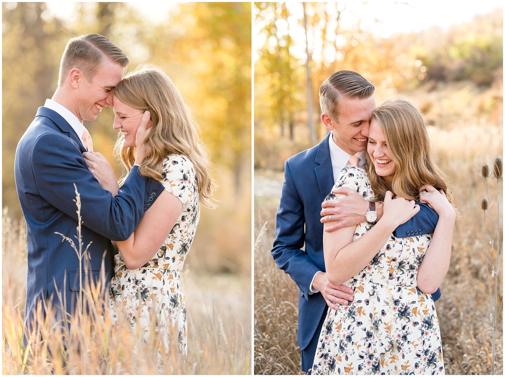 Couple laughing while wearing suit and dress | What to Wear for Your Engagement Session | Utah Wedding Photographers | Jessie and Dallin