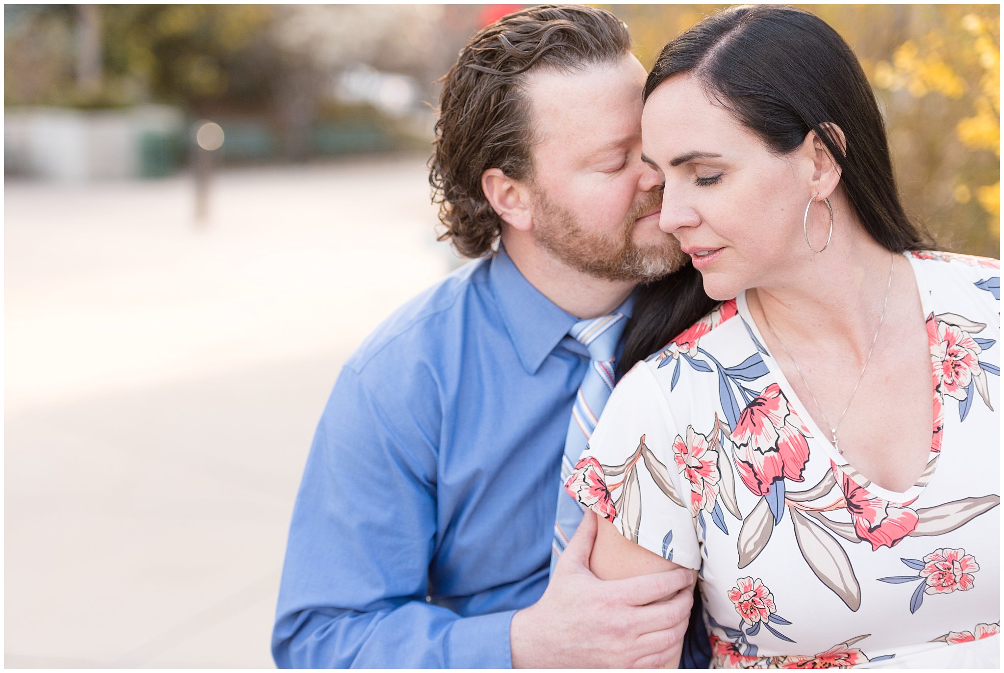 Downtown Salt Lake Engagement session | Blue shirt and tie, floral dress