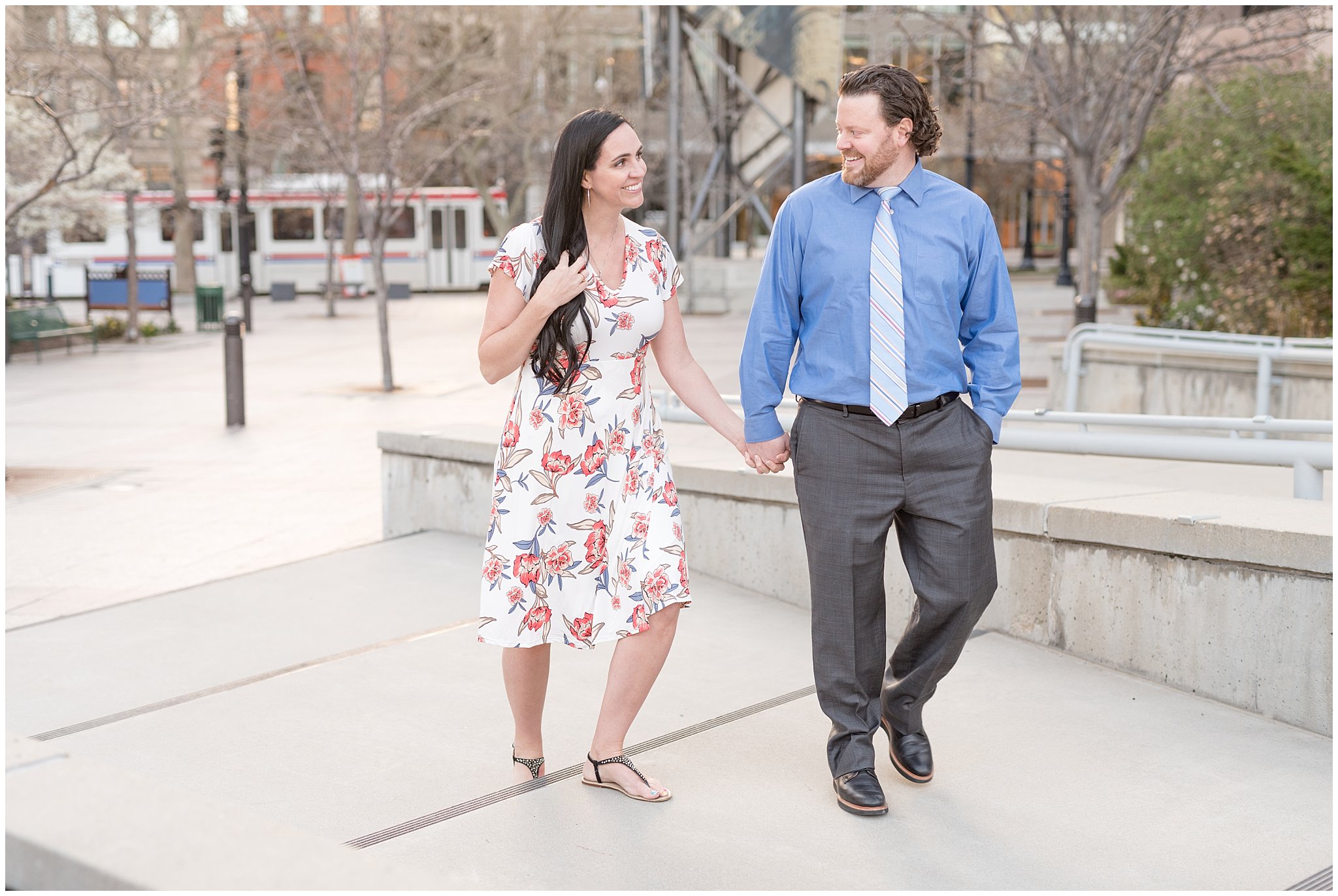 Downtown Salt Lake Engagement session | Blue shirt and tie, floral dress