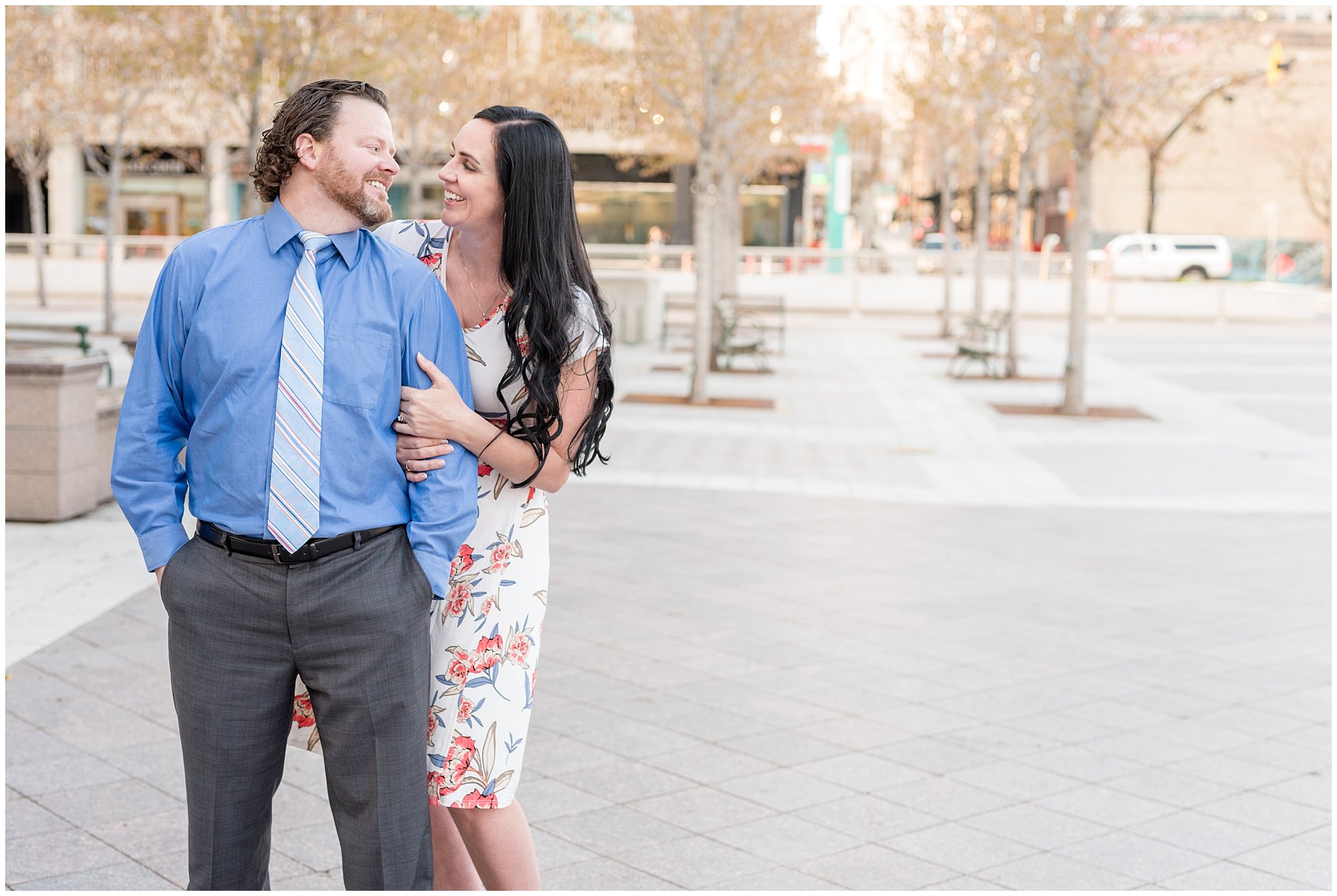 Downtown Salt Lake Engagement session | Blue shirt and tie, floral dress