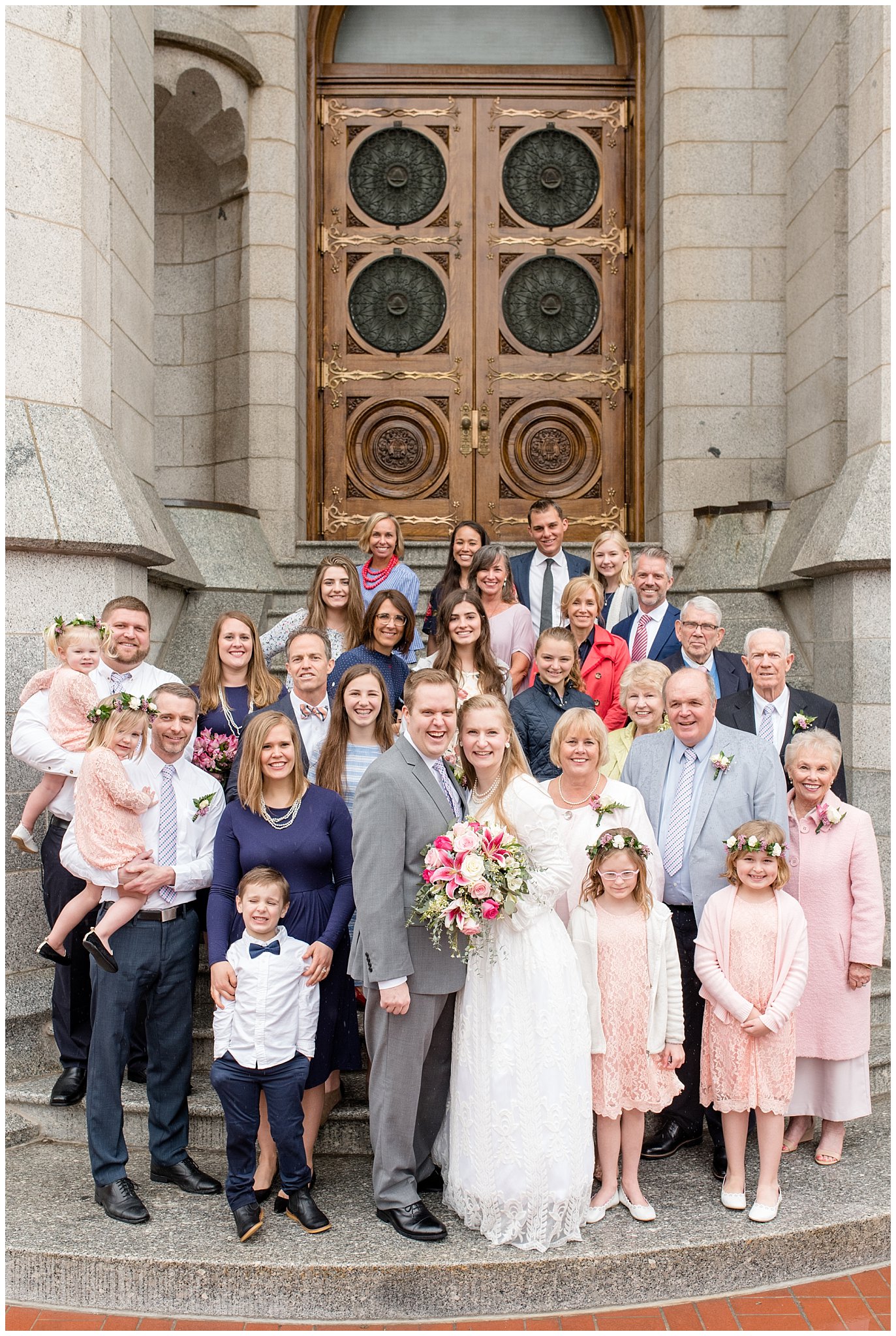 Salt Lake temple family group pictures | spring utah wedding | rose, raspberry, and navy wedding