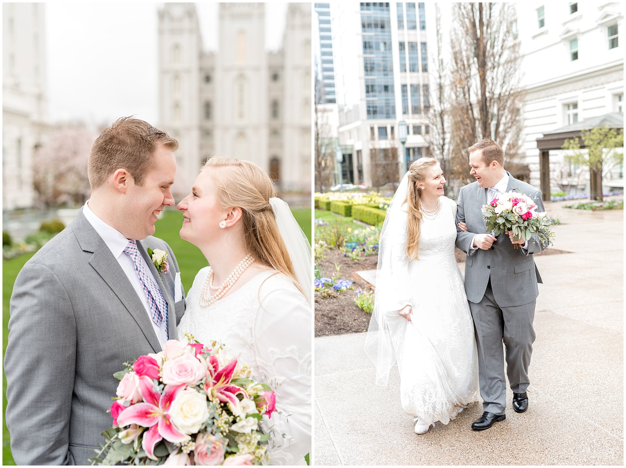 Salt Lake temple bride and groom pictures | Spring Utah LDS wedding | Rose, raspberry, and navy wedding