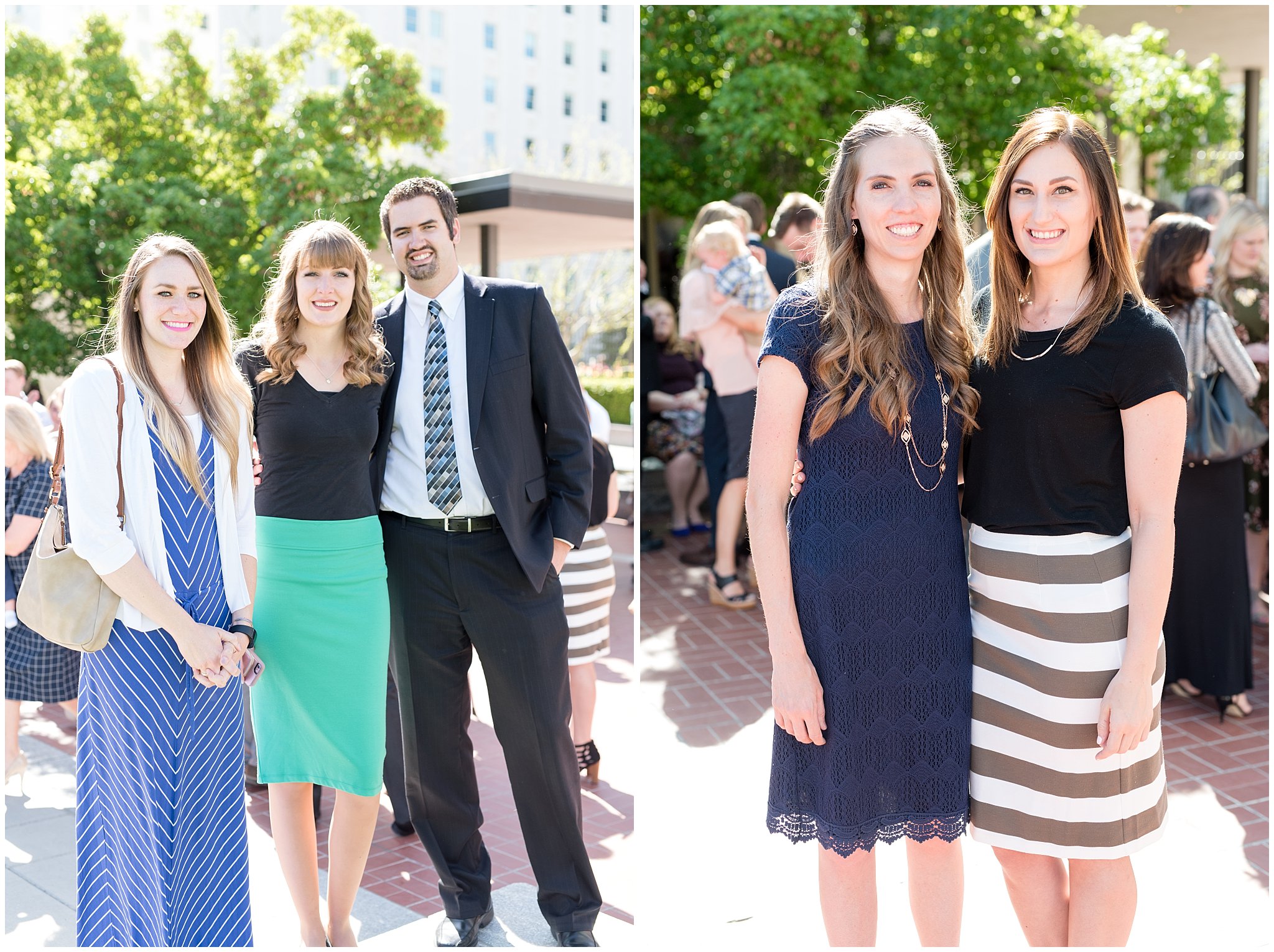 Salt Lake Temple group pictures | Coral and grey spring wedding