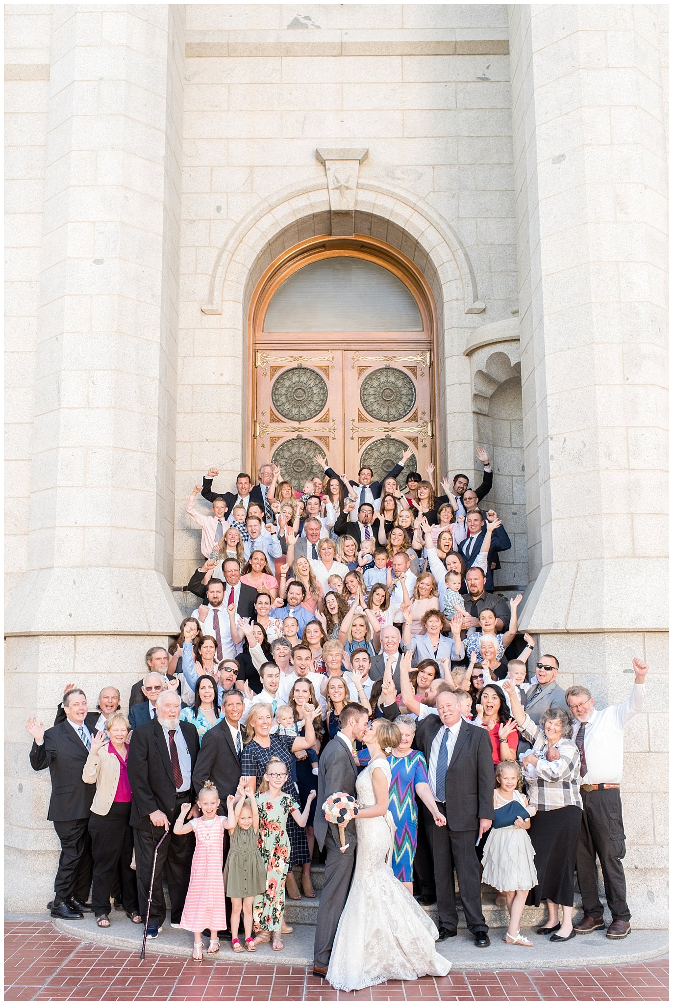 Salt Lake Temple group cheer pictures | Coral and grey spring wedding