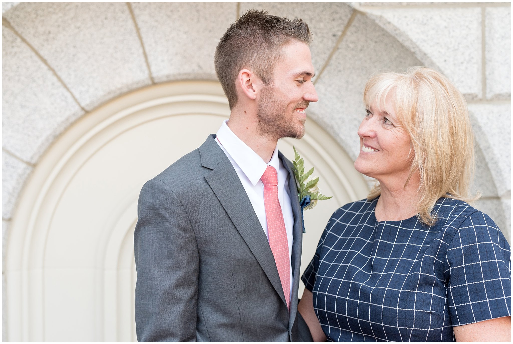 Salt Lake Temple family pictures | Coral and grey spring wedding