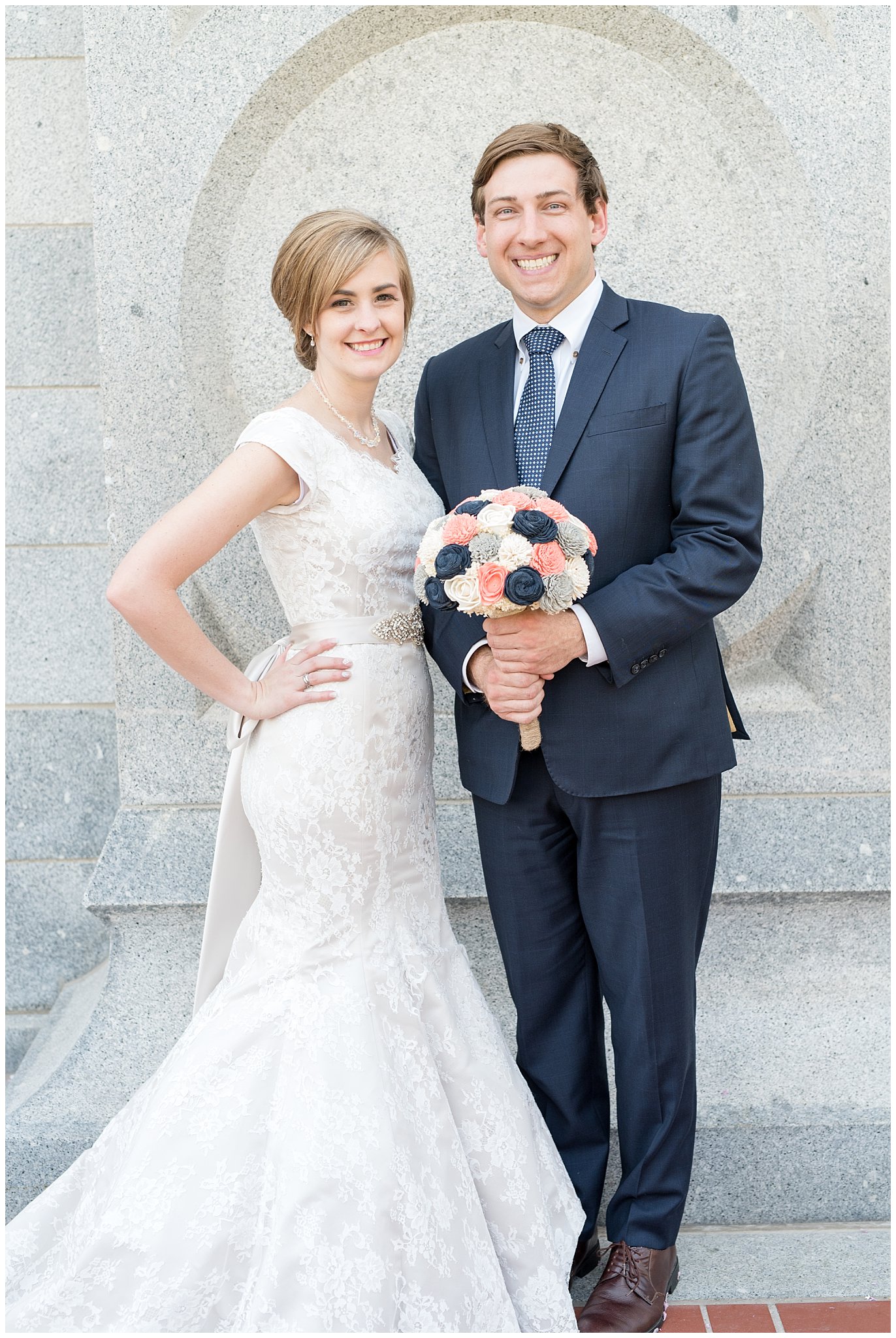 Salt Lake Temple family pictures | Coral and grey spring wedding