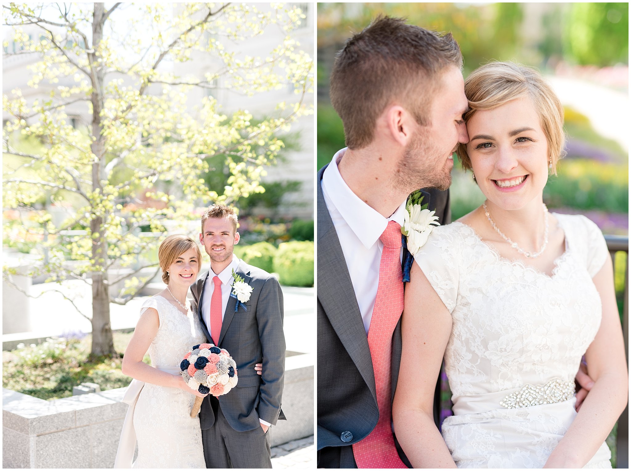 Salt Lake Temple spring wedding | Coral and grey wedding | Bride and groom pictures at the temple