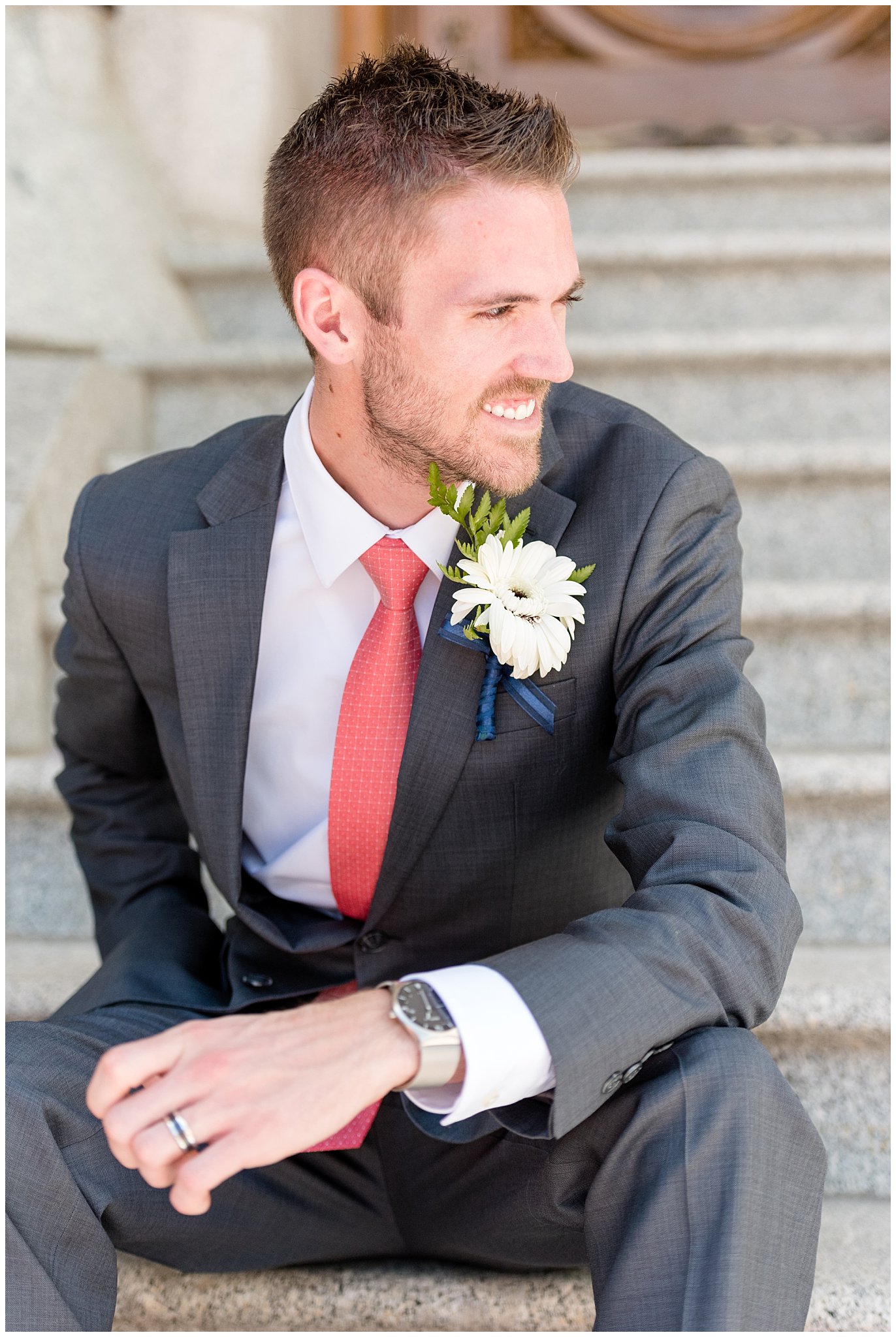 Salt Lake Temple spring wedding | Coral and grey wedding | groom pictures on the stairs