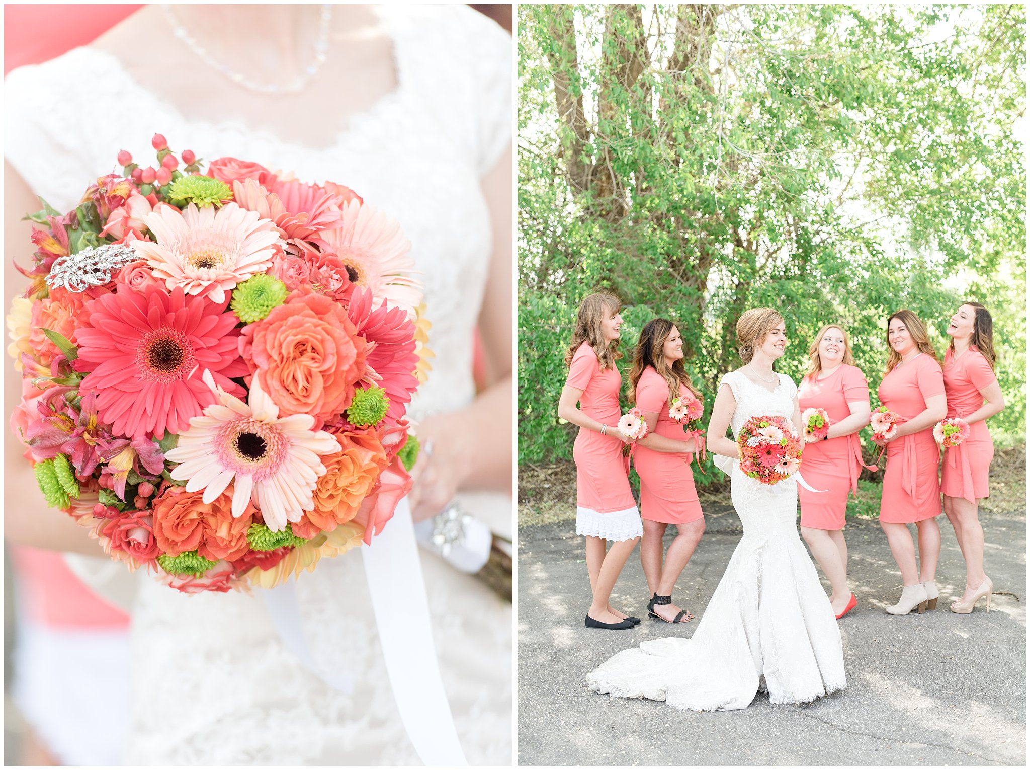 Salt Lake reception | Bridesmaid pictures | Coral and grey wedding