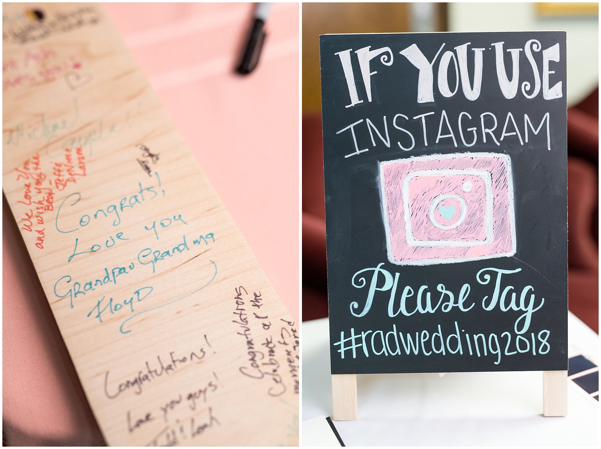 Salt Lake LDS wedding reception | Instagram sign and wooden letters | coral and grey wedding