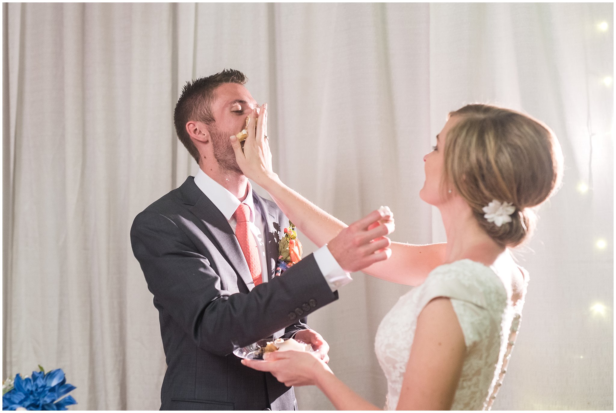 Salt Lake LDS wedding reception | Granite Bakery | Cake Cutting | Coral and grey wedding