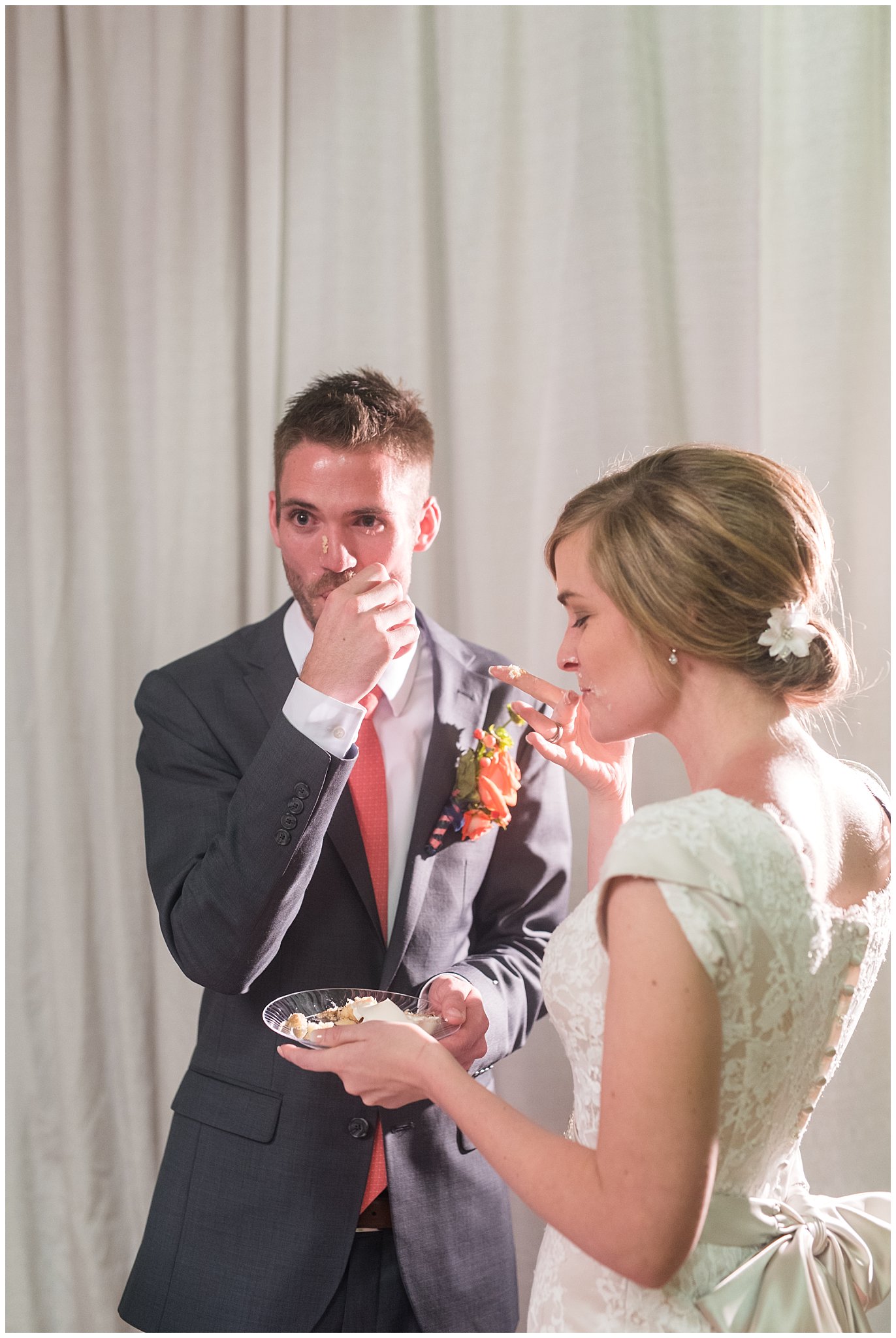 Salt Lake LDS wedding reception | Granite Bakery | Cake Cutting | Coral and grey wedding