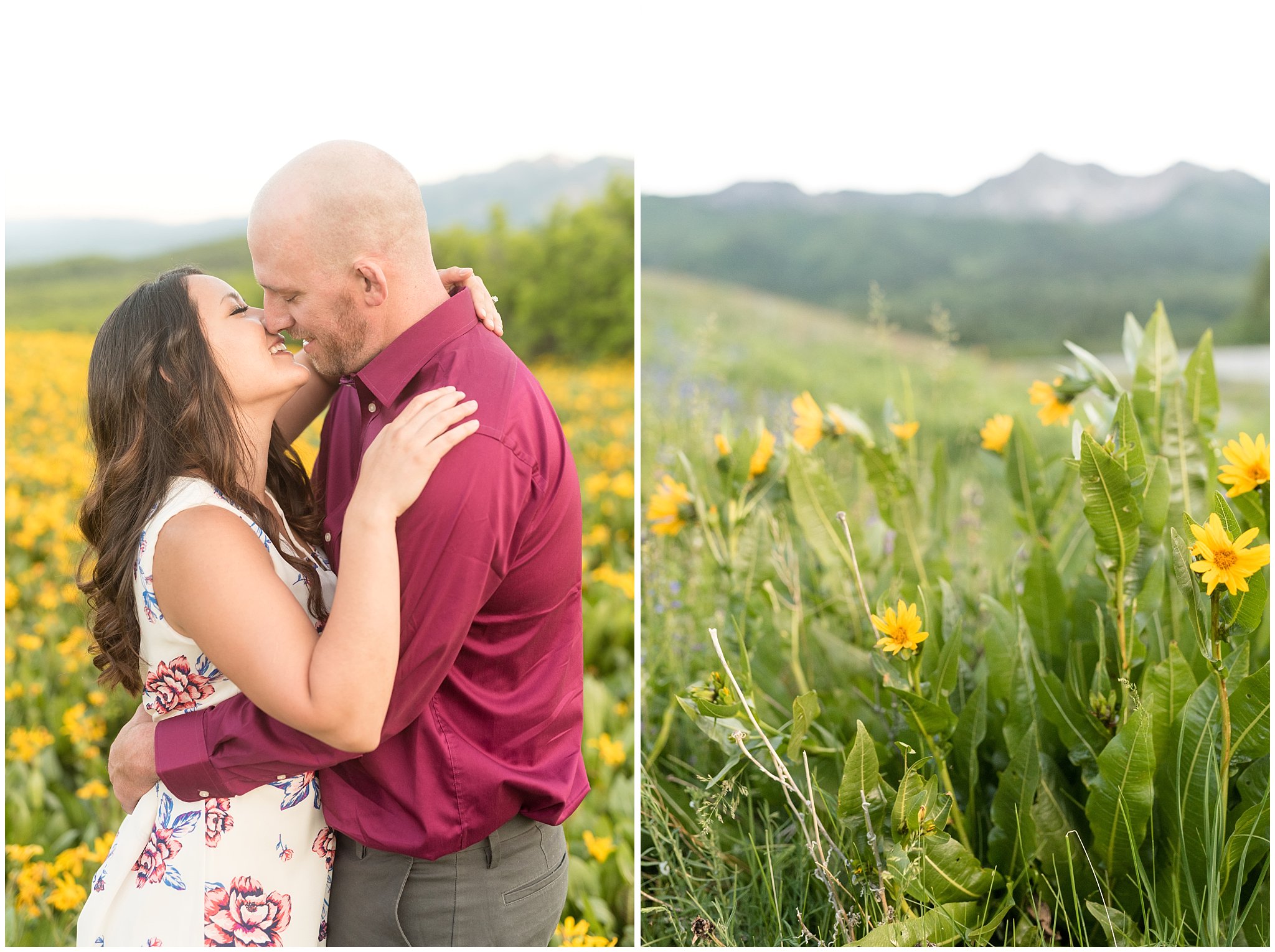 Couple engagement session in the mountains with wildflowers | Snowbasin Utah Engagements