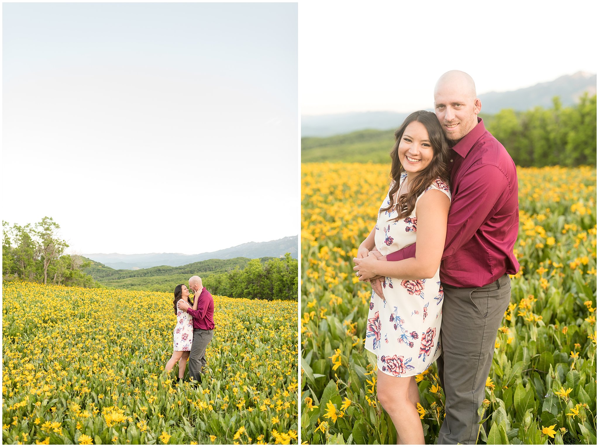 Couple during engagement session in the mountains with wildflowers | Snowbasin Utah Engagements