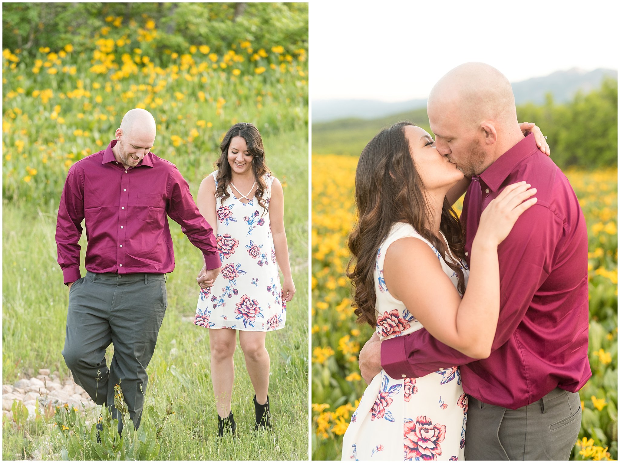 Couple walking and kissing during engagement session in the mountains with wildflowers | Snowbasin Utah Engagements