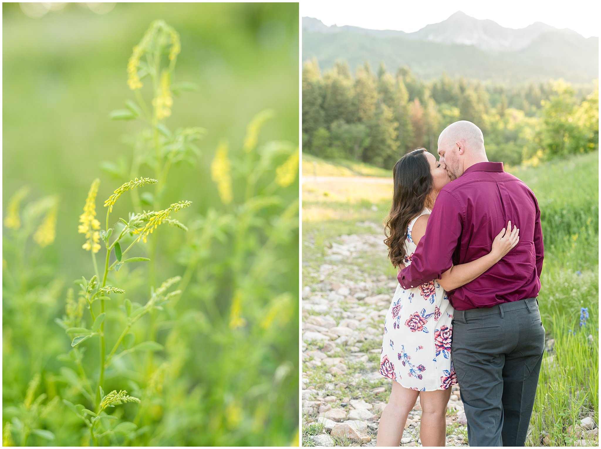 Candid couple engagement session with mountains in the background and wildflowers | Snowbasin Utah Engagements