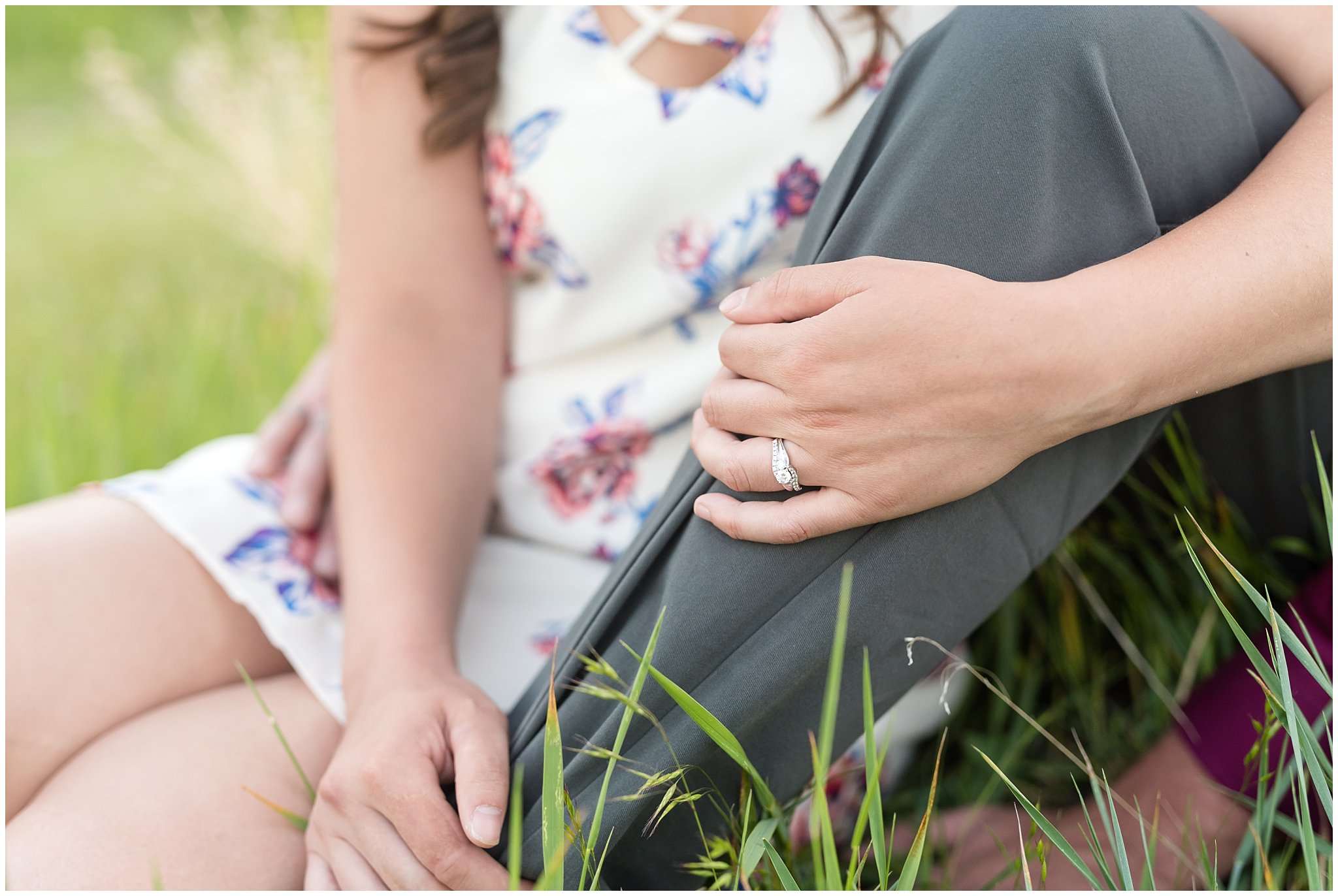 Details shot during engagement session with mountains in the background and wildflowers | Snowbasin Utah Engagements