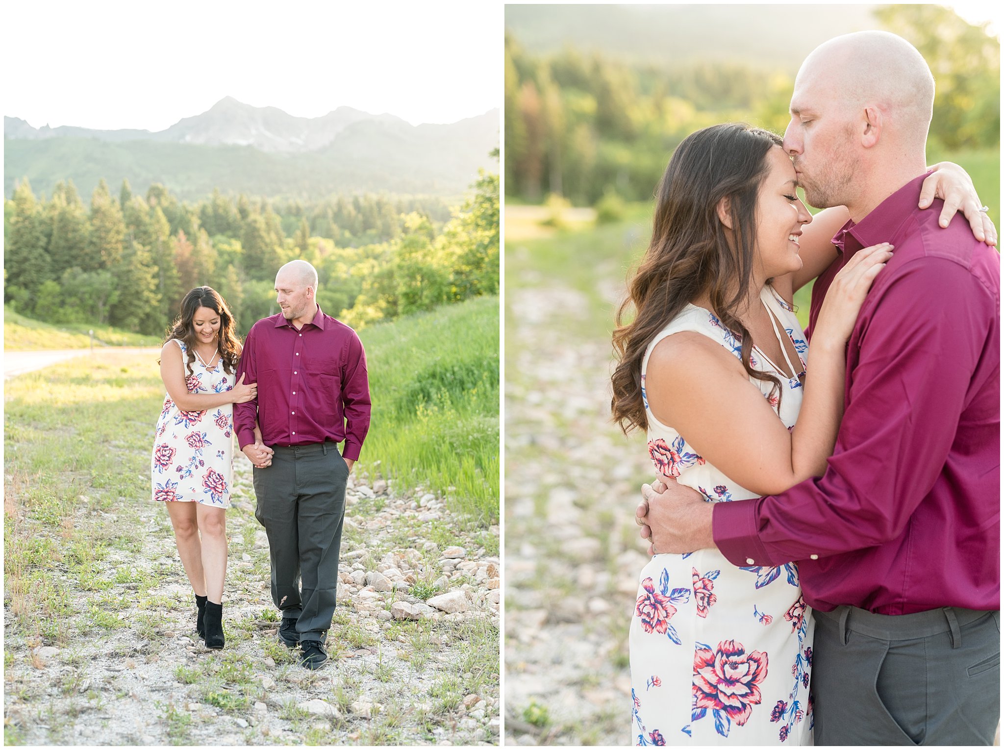 Candid engagement session with mountains in the background and wildflowers | Snowbasin Utah Engagements