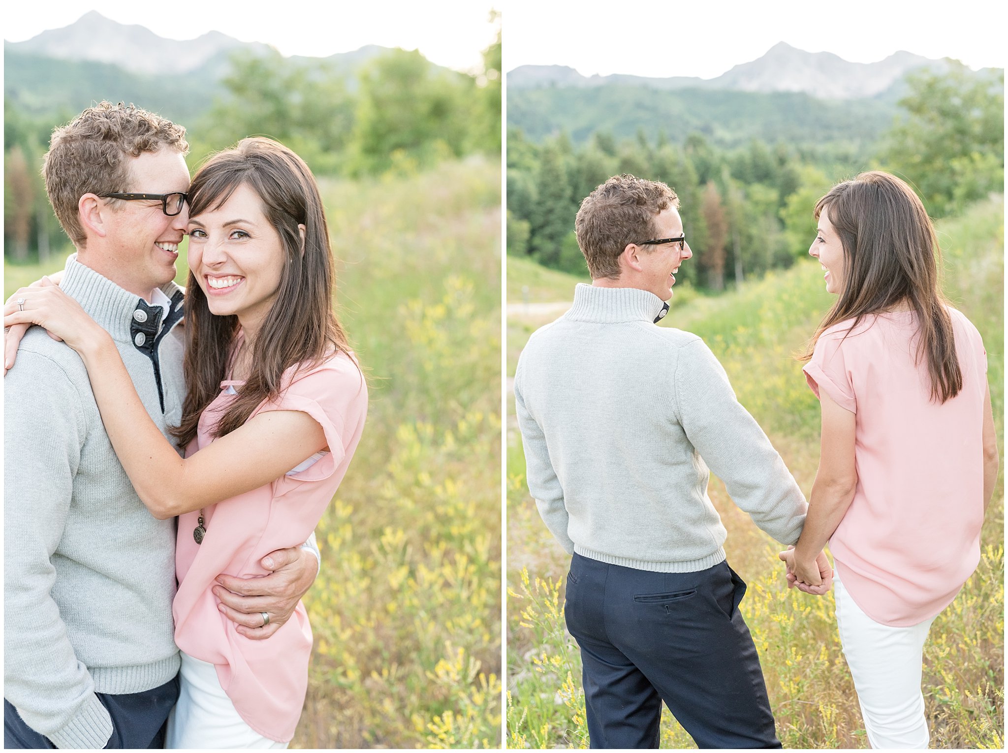 Joyful couple candid pictures walking and smiling with mountains behind them | Utah couples photography at Snowbasin