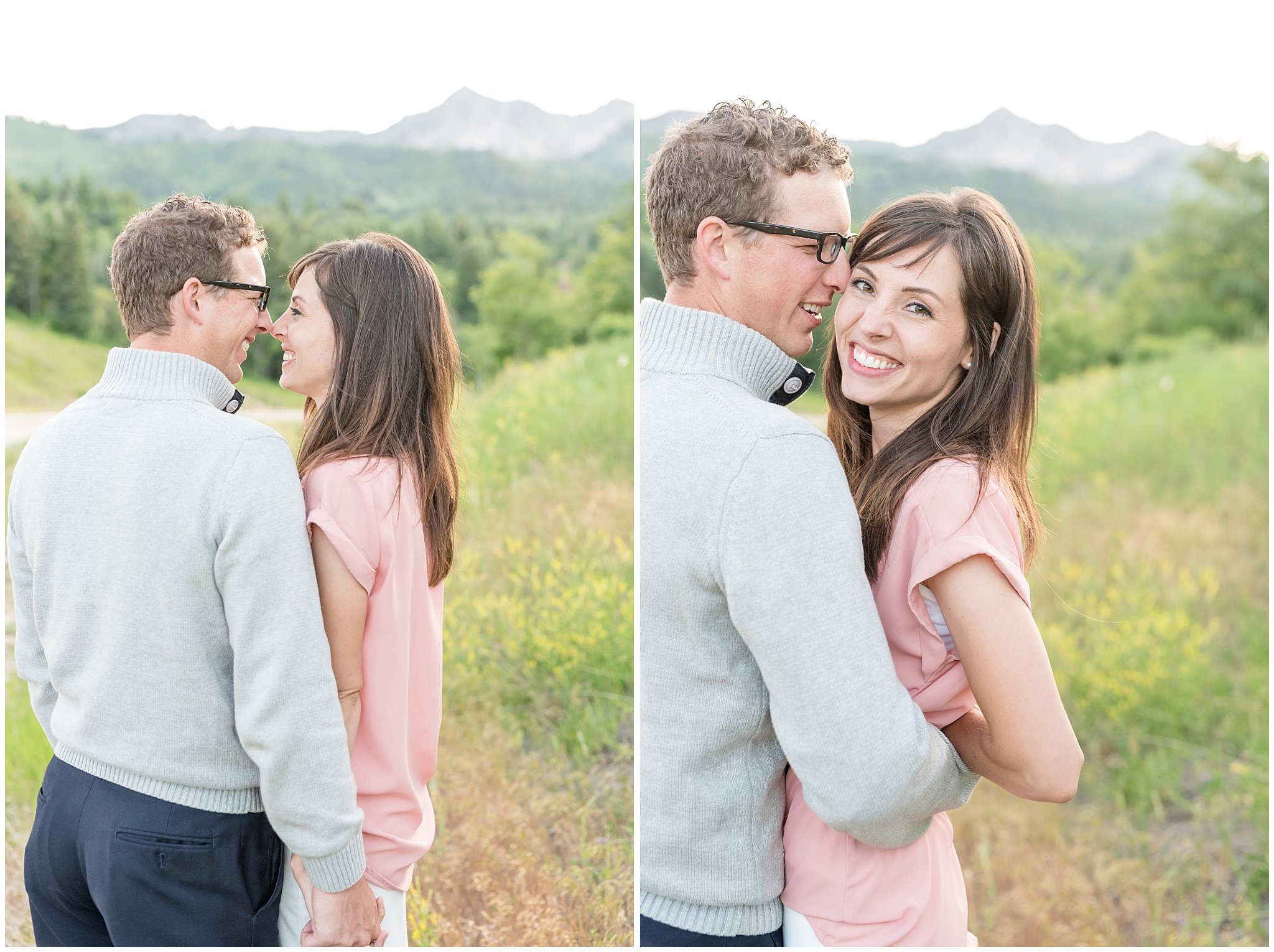 Joyful couple candid pictures with mountains behind them | Utah couples photography at Snowbasin